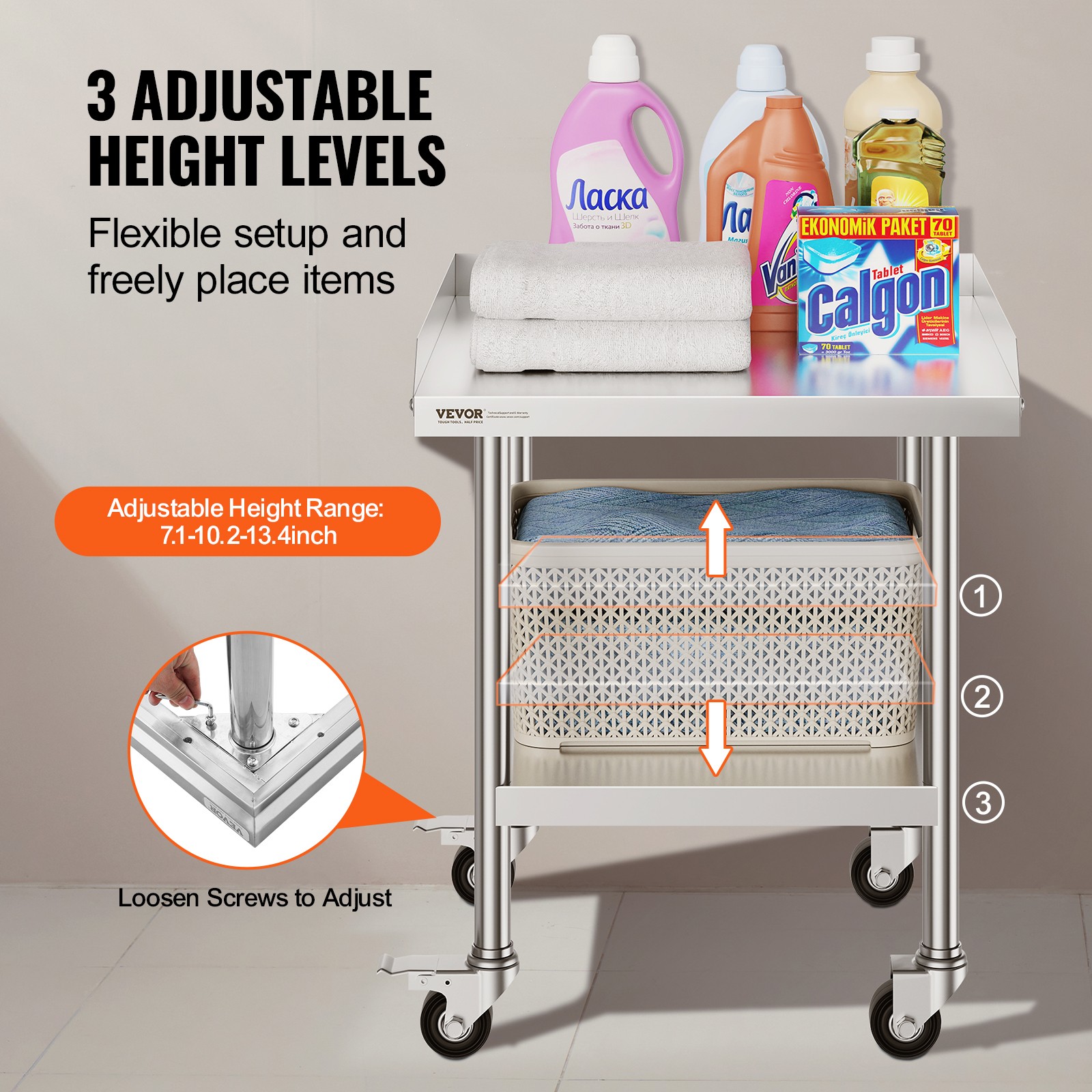 VEVOR Stainless Steel Work Table 24″x24″ Commercial Food Prep Table W/ 4 Casters