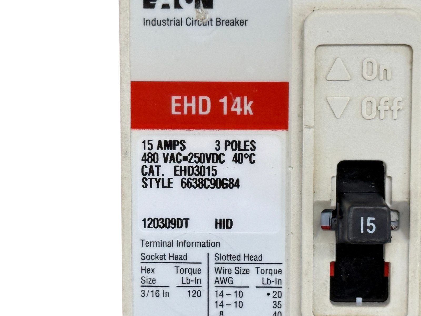 EATON CUTLER HAMMER EHD3015 15A 3-POLE 480V F-FRAME CIRCUIT BREAKER NEW SURPLUS