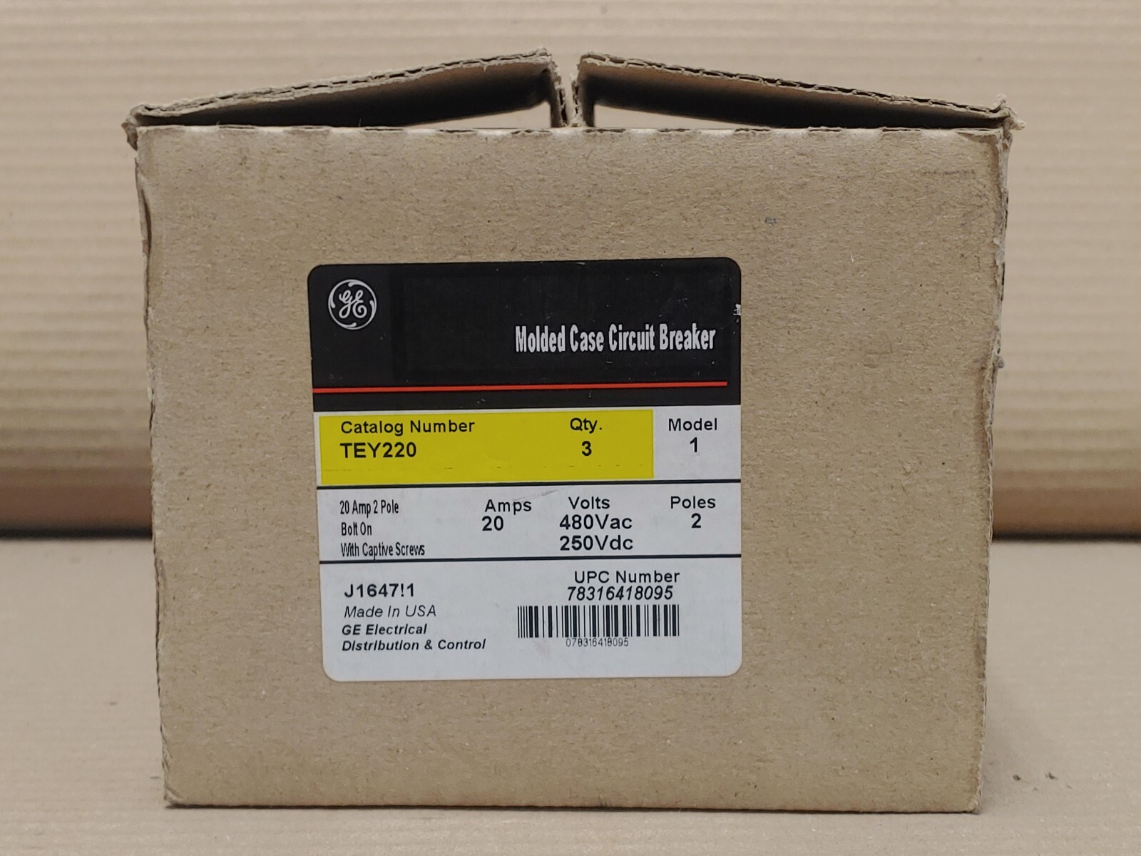 New GE TEY TEY220 2 Pole 20 Amp 480/277 V Silk Screen Circuit Breaker NNB