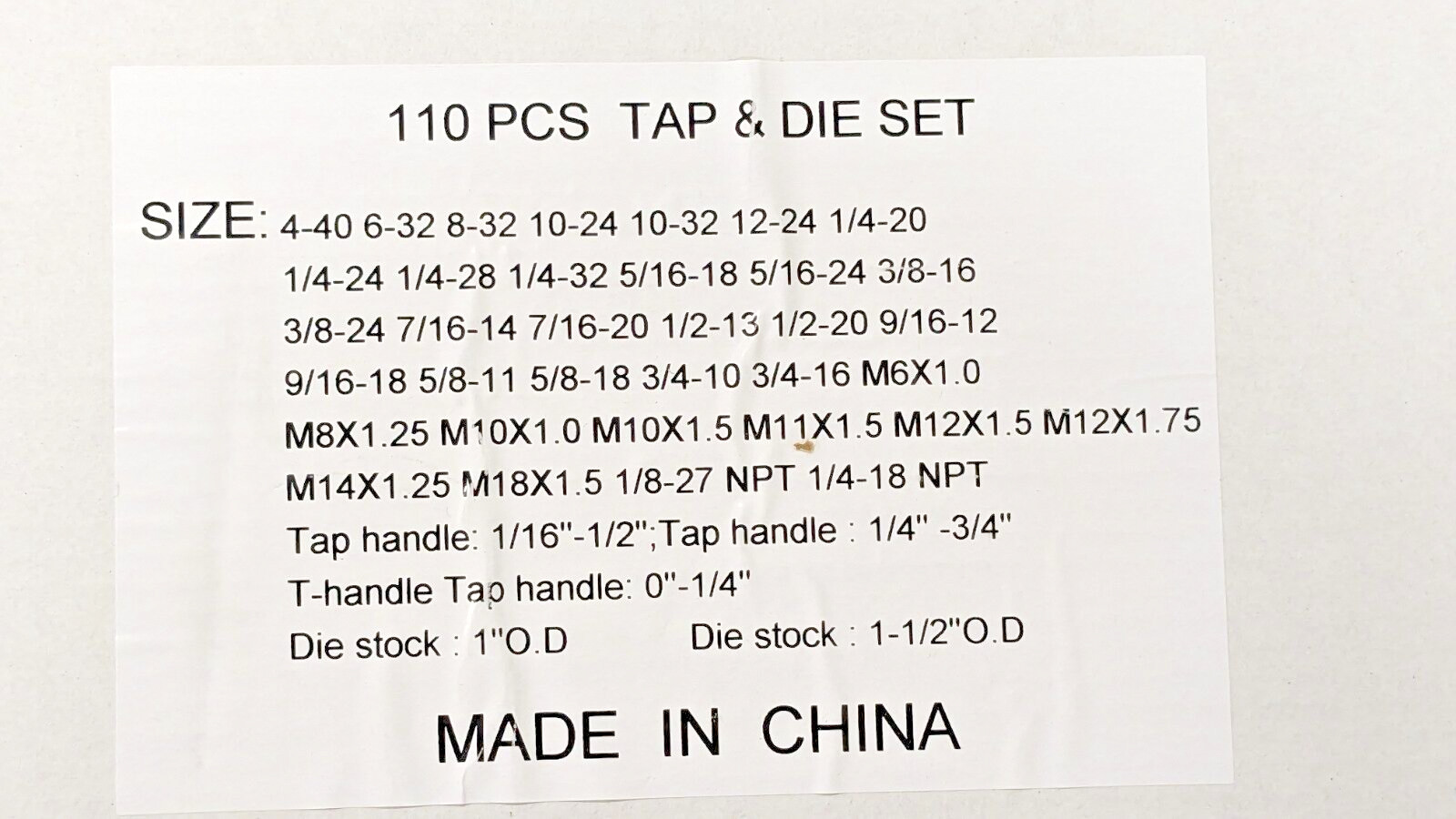 Interstate 110 Piece Tap & Die Set #4-40 to 3/4-16 Taps NPT, UNC & UNF CCT1570