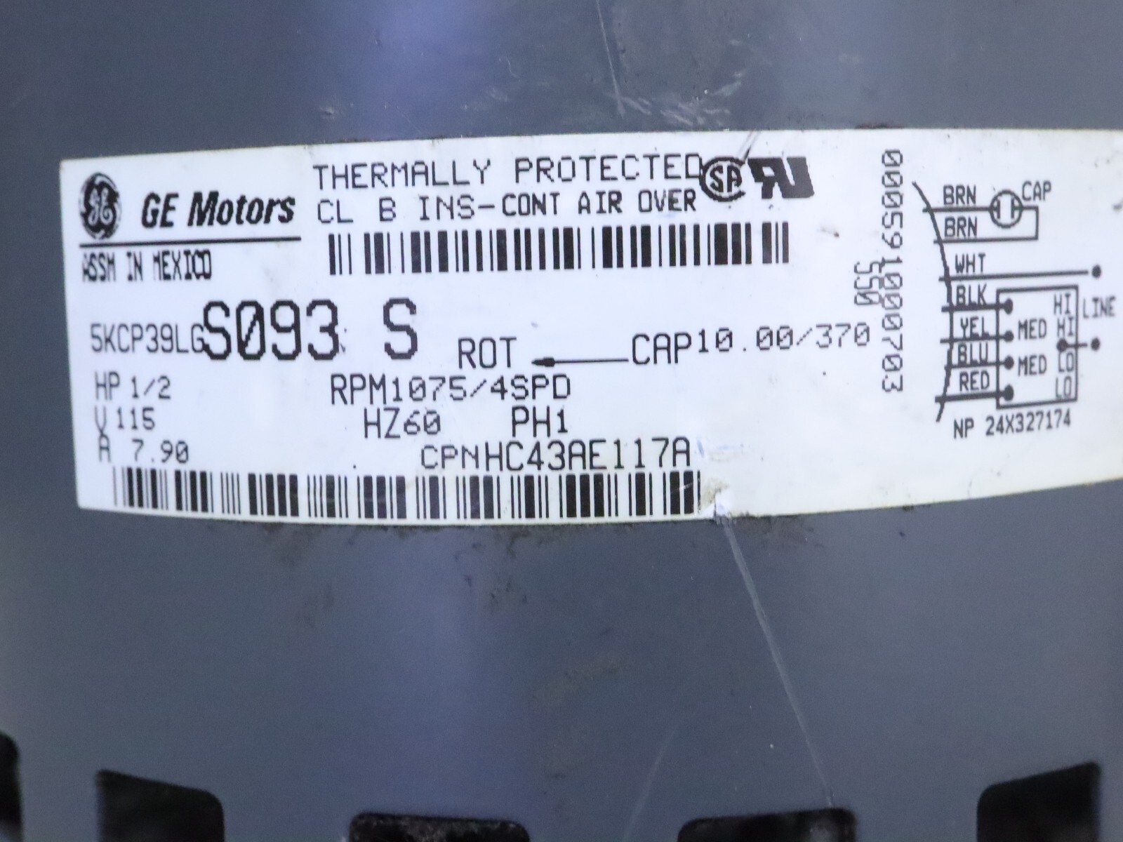 GE 5KCP39LGS093S Blower Motor 1/2 HP 1075 RPM 4SPD 115V HC43AE117A