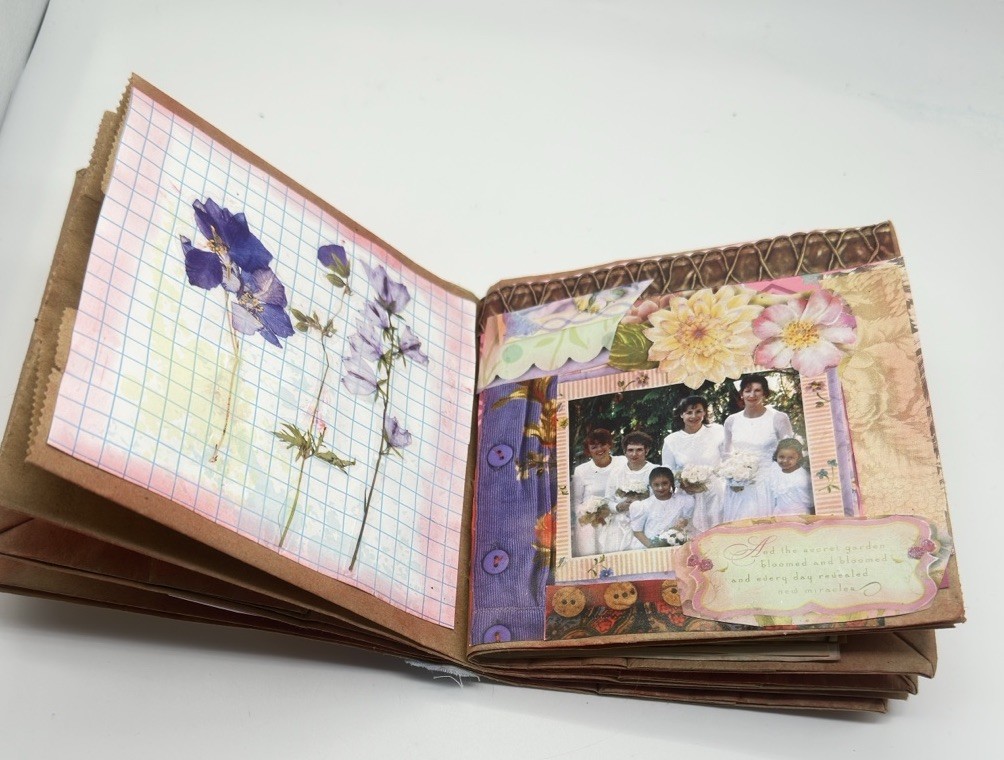 Hand Made Junk Journal Doggy And Yellow Flower. Medium Is Brown Paper Bags