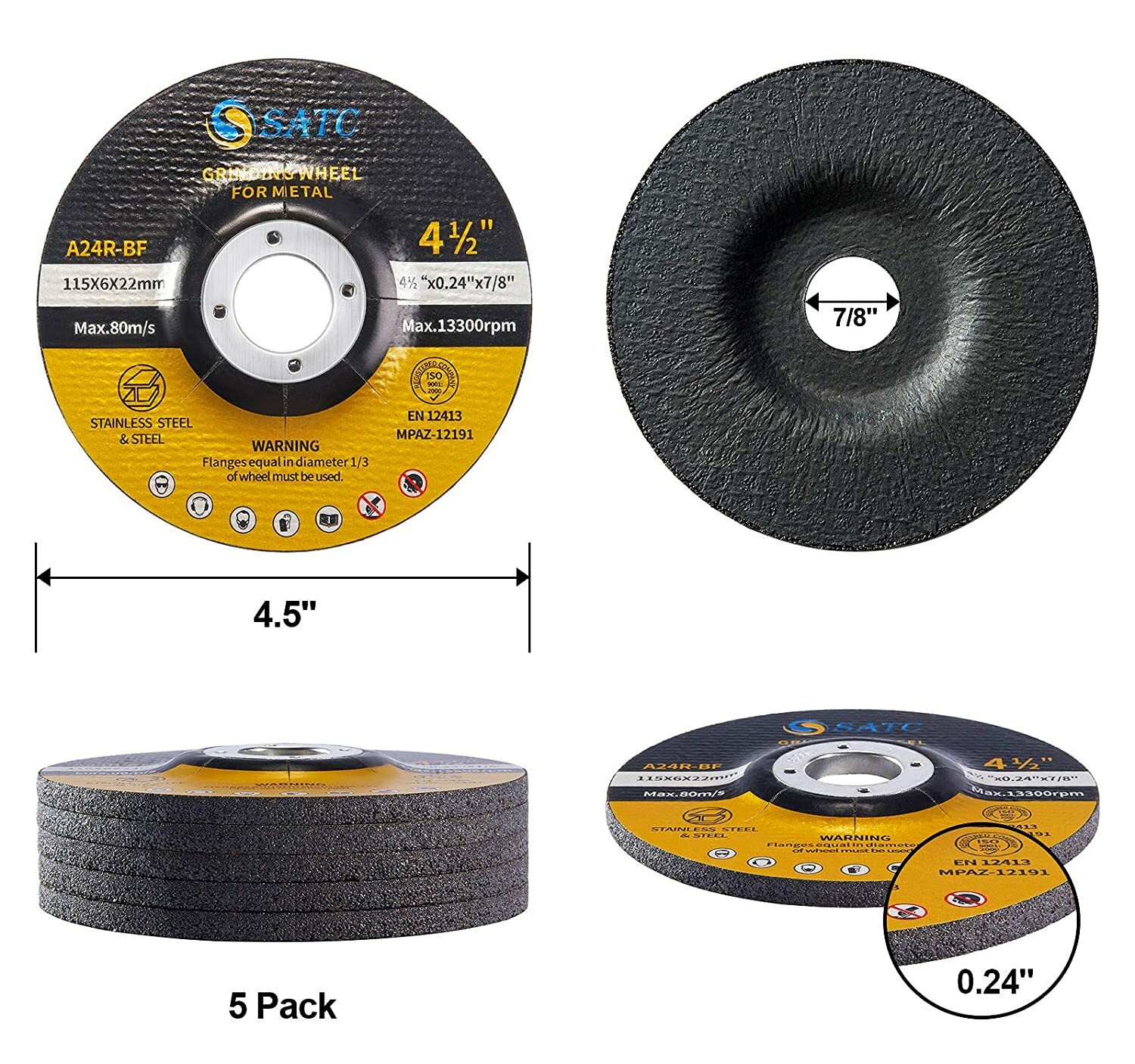 25PACK 4-1/2″ x1/4″ x7/8″ Type 27 Metal Steel Grinding Wheels For Grinder 4.5″