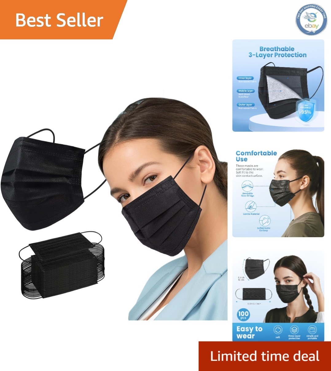 Comfortable 100 PCS Black Disposable Face Masks with Nose Wire – 3 Ply Safety
