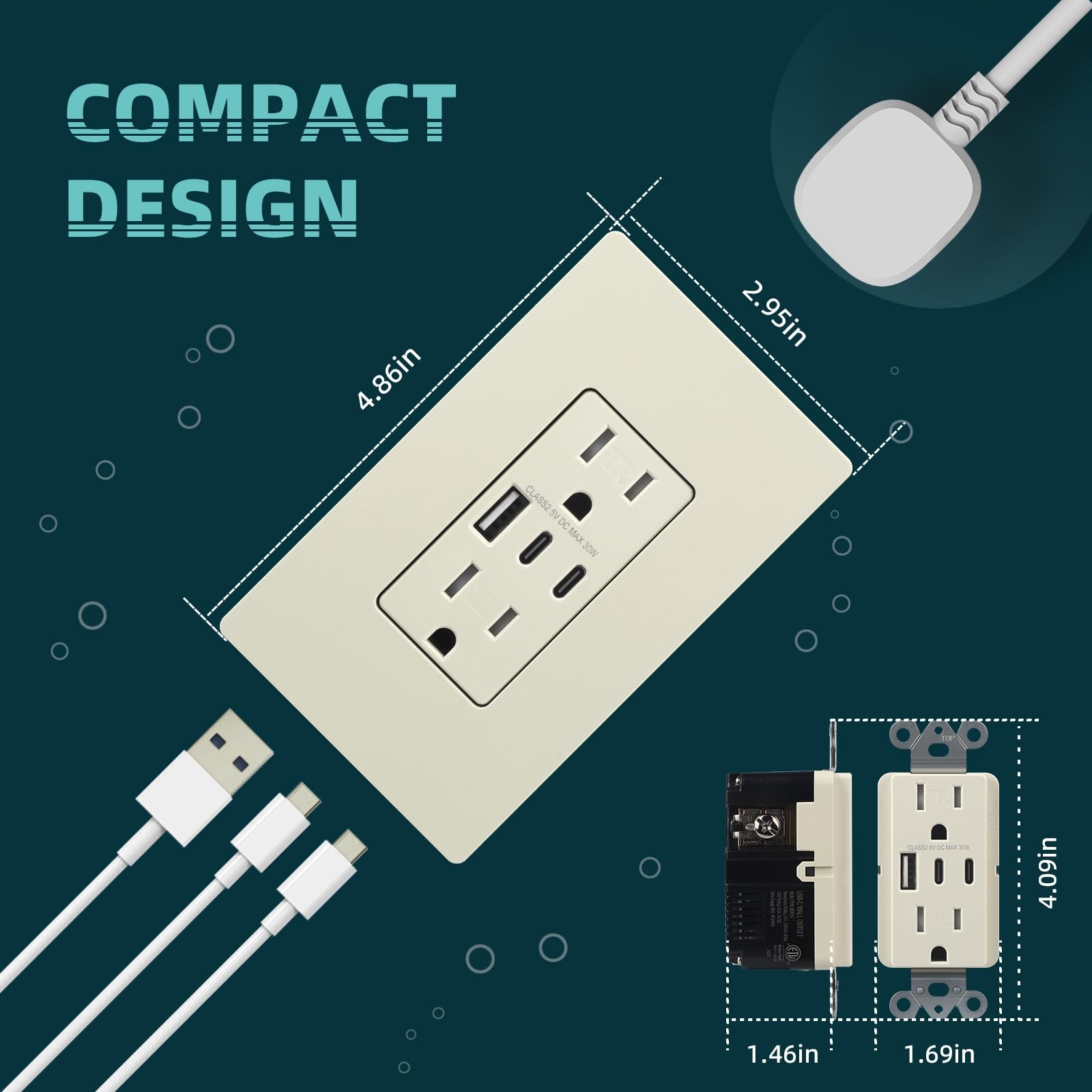 TOPELER 2 Pack USB Wall Outlet, 30W 6.0A Charging Power 15A, Light Almond