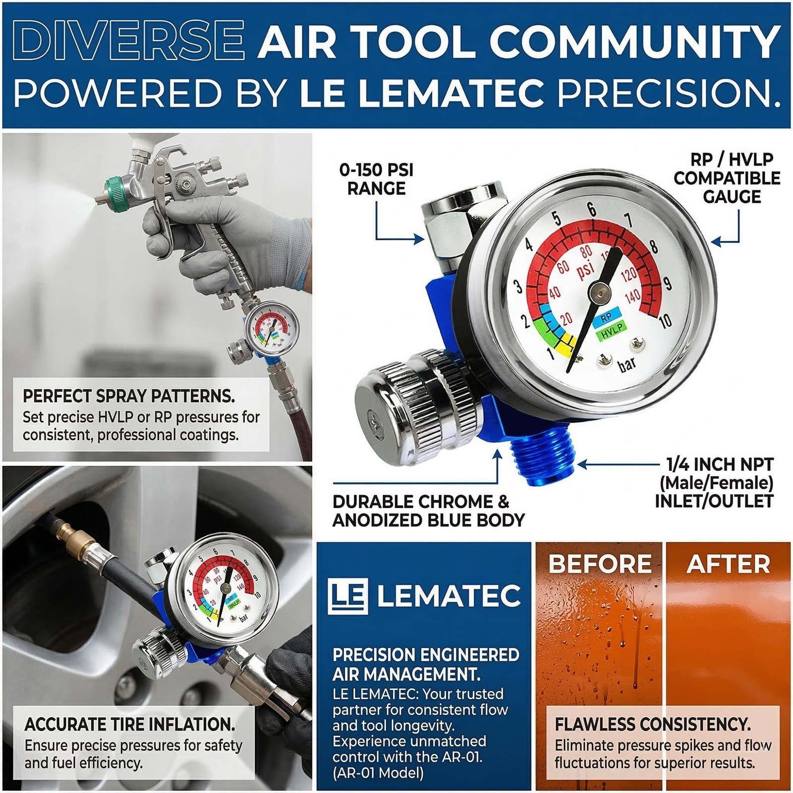 LE Lematec AR-01 Air Compressor Regulator ¼ NPT. Air Pressure Regulator 0-150…