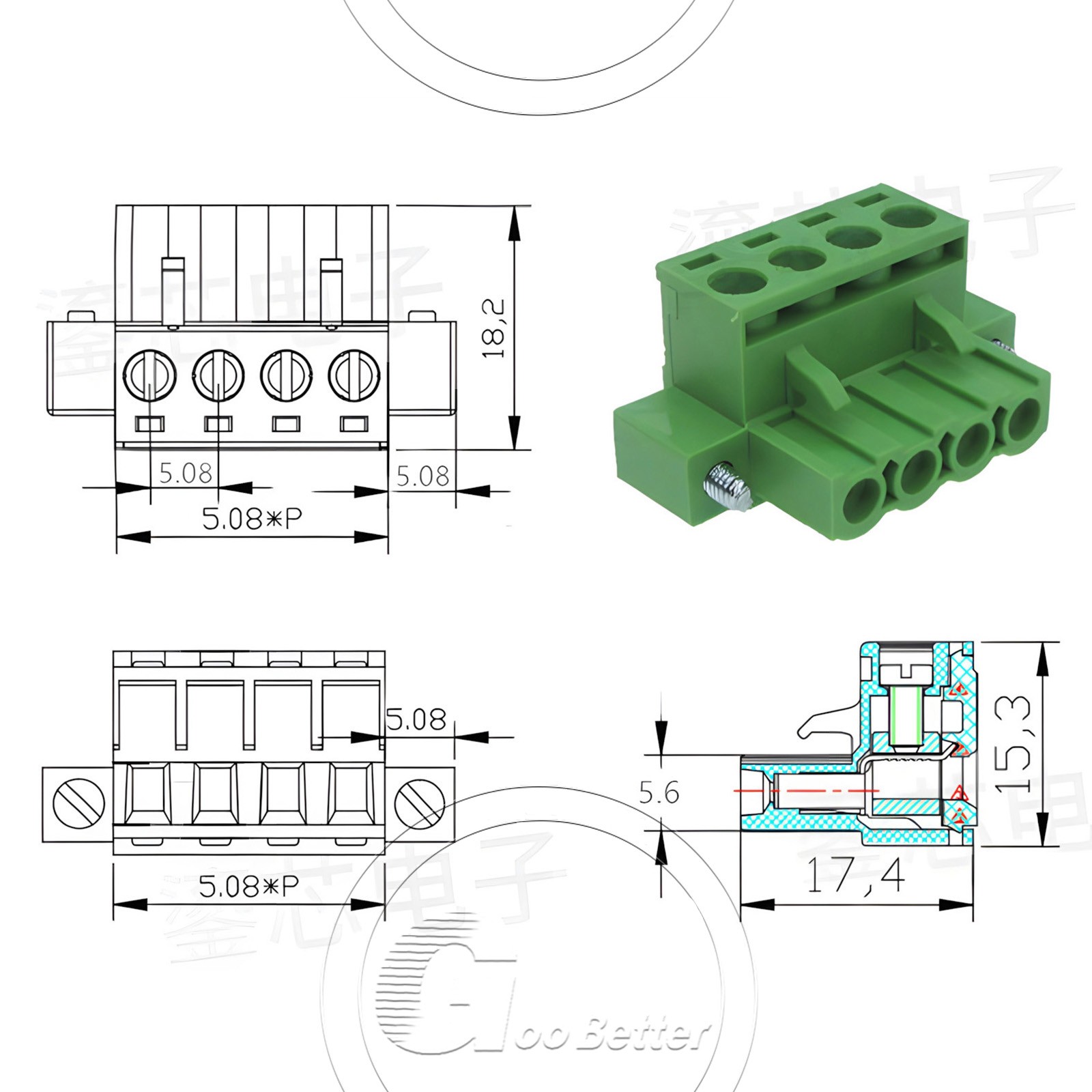 5.08mm Pitch PCB Terminal Block with Flange Screw Terminal Plugs 2-Pin to 24-Pin