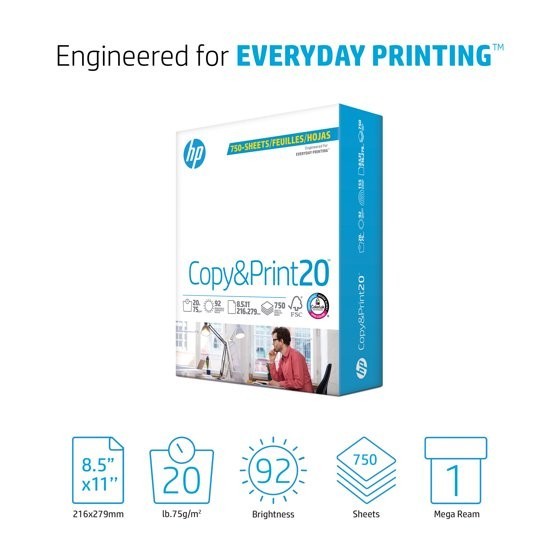 HP Copy & Print20, 20lb, 8.5 x 11, White, 1 Ream (750 sheets)