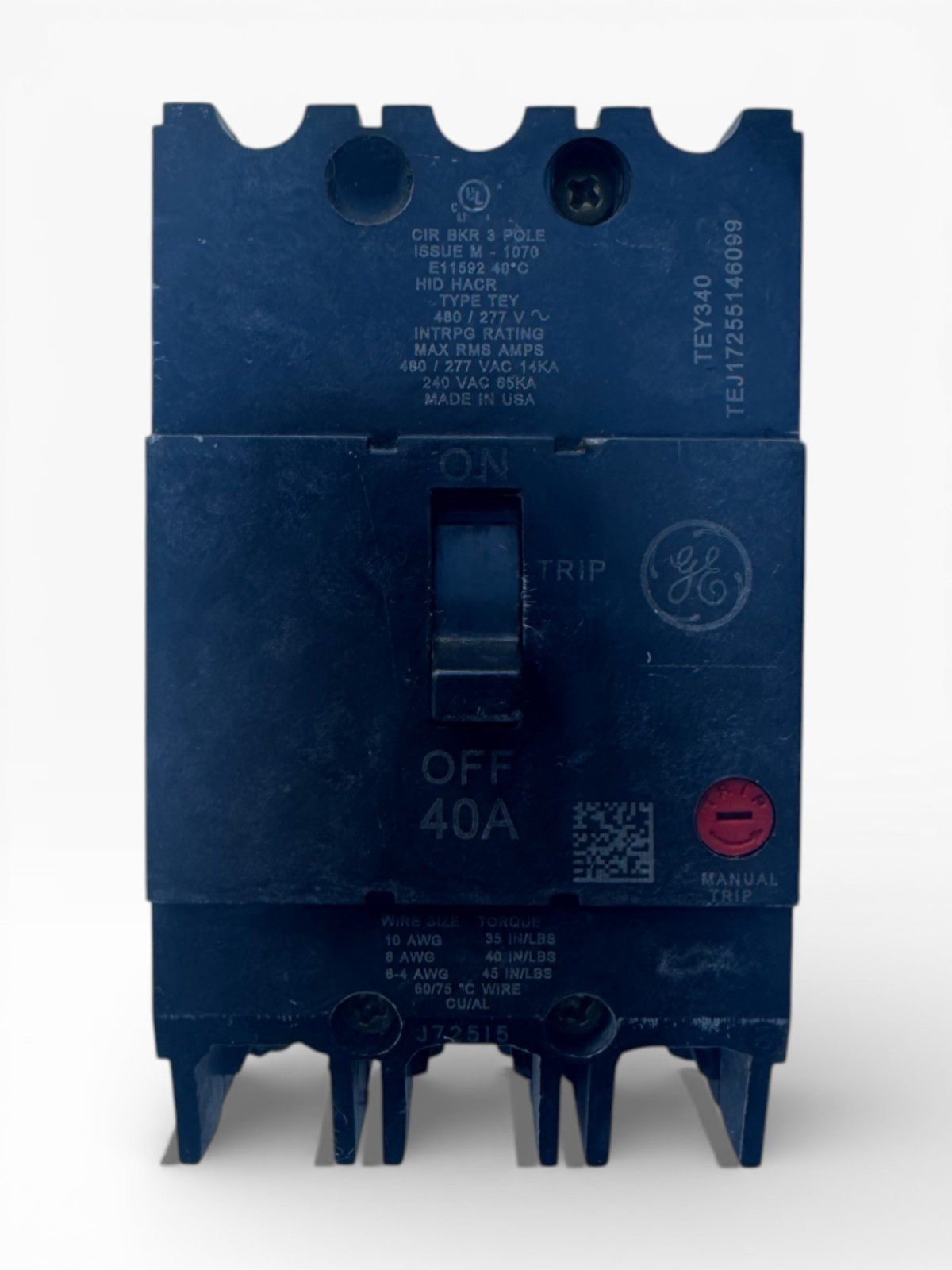 GE TEY340 | 40A | 3-Pole | 480Y/277V | 14kA | Bolt-On Circuit Breaker