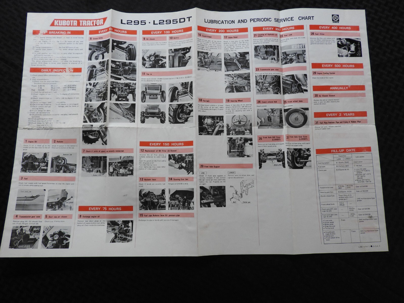 1976-1985 GENUINE KUBOTA L295 L295DT TRACTOR OPERATORS MANUAL + PARTS CATALOG
