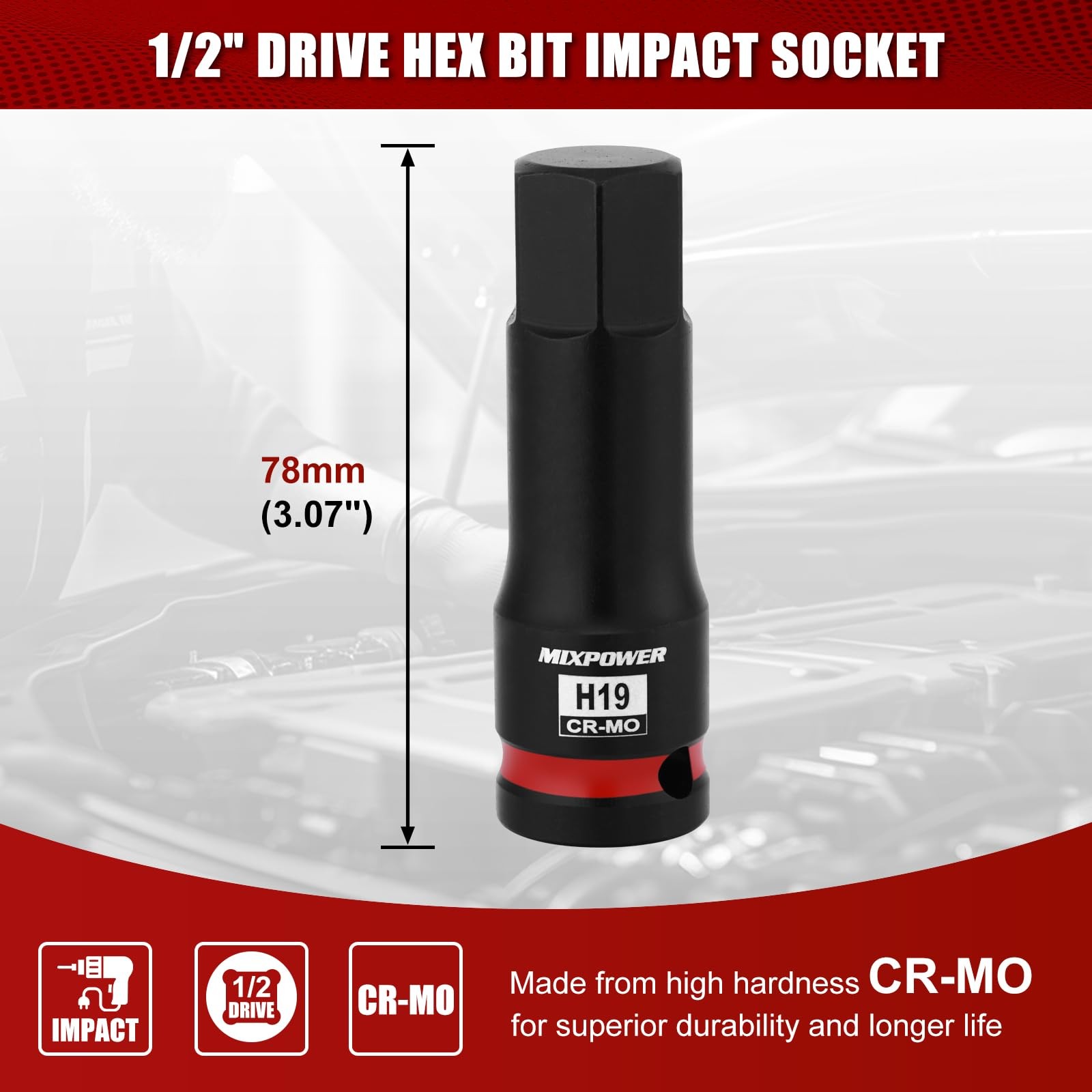 MIXPOWER 1/2″ Drive 19mm Hex Impact Bit Socket, Allen 1/2″Dr.19mm