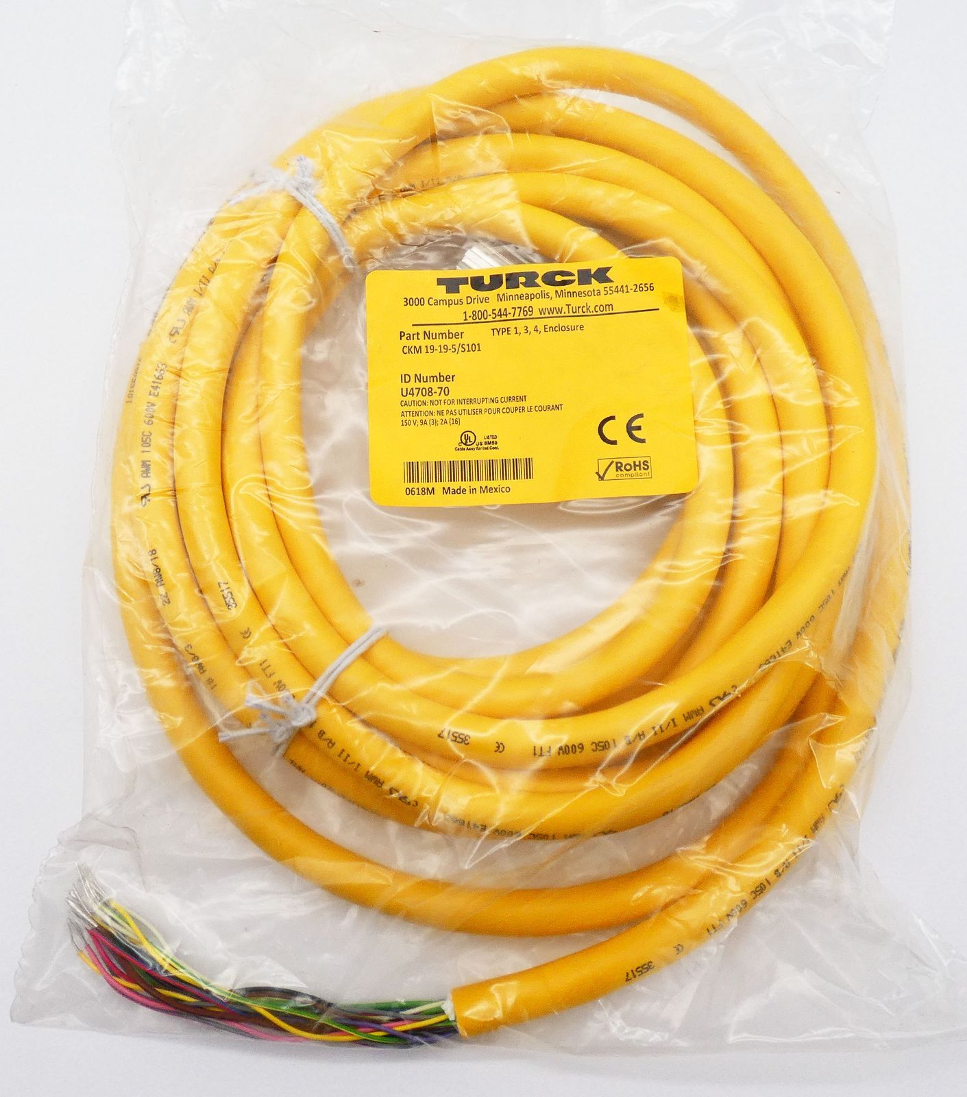 Turck CKM 19-19-5/S101 U4708-70 150V 9A (3) 2A (16) Interconnect Cable -Unused-