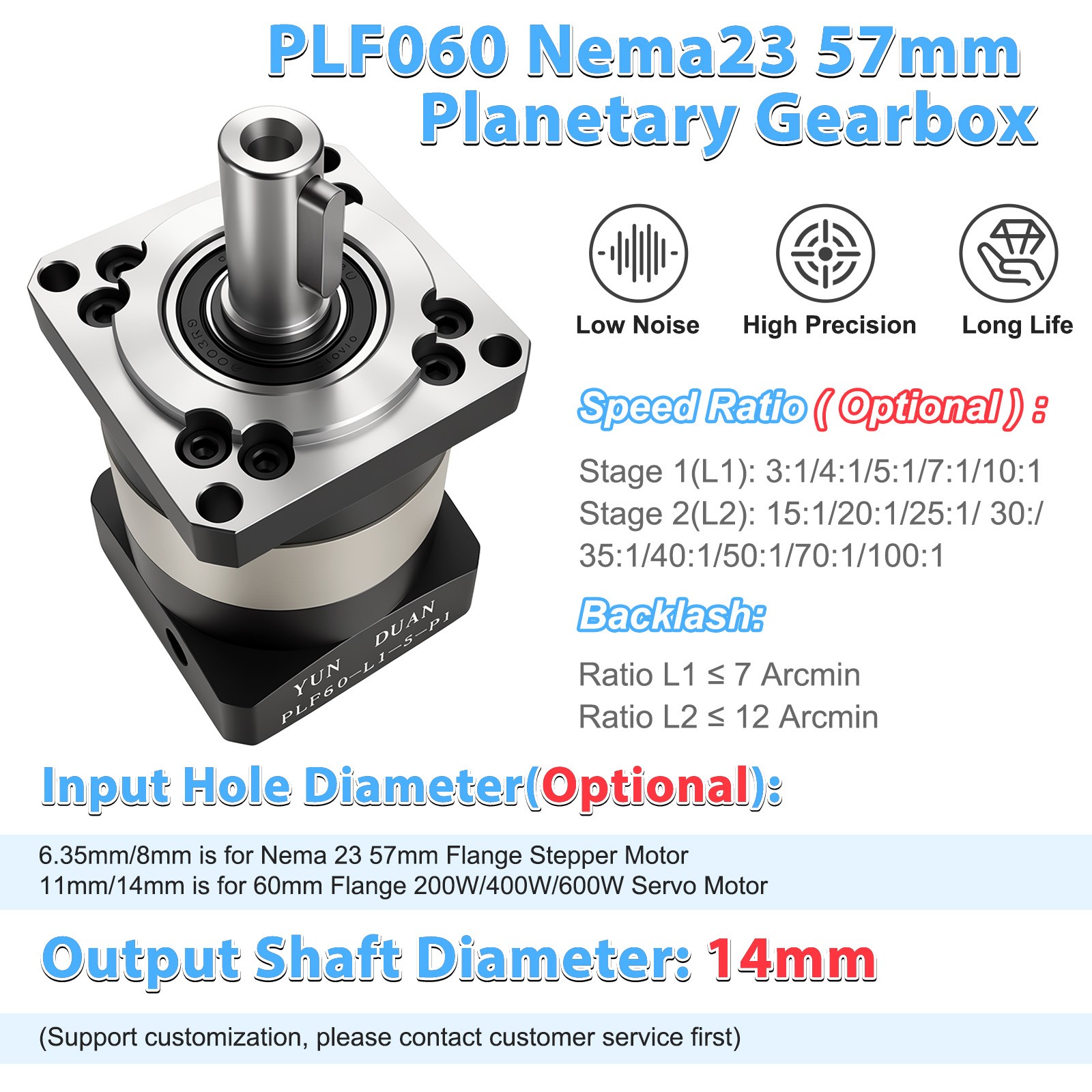 Planetary Gearbox Reducer Gearhead Nema23 High Torque 8mm Input Ratio 5~100:1