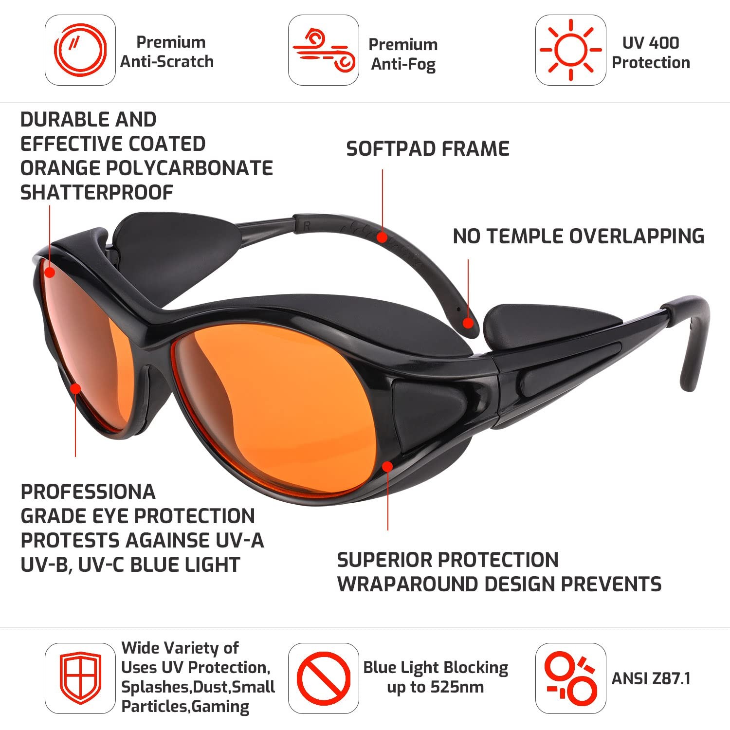 Professional UV Light Safety Glasses for 90nm-490nm One Size, Orange