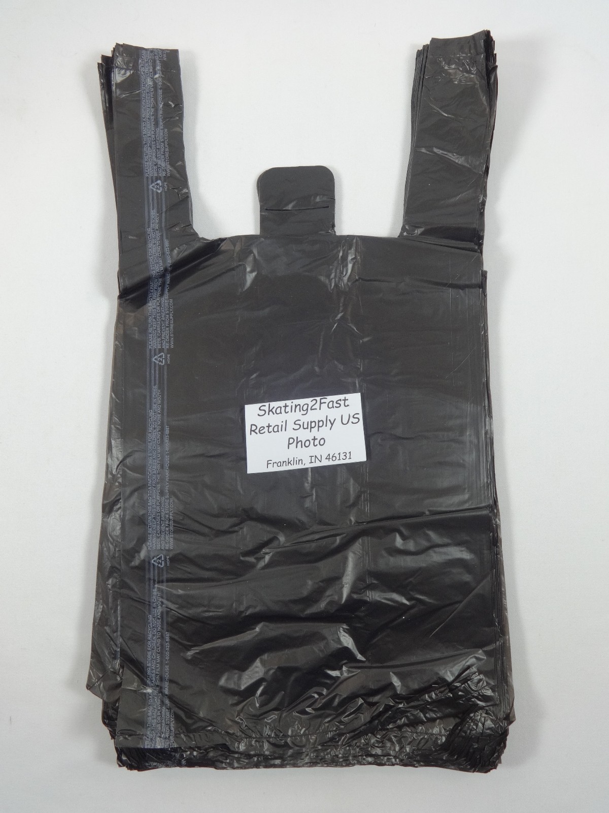 100 Qty. Black Plastic T-Shirt Retail Shopping Bags w/ Handles 8″ x 5″ x 16″ Sm