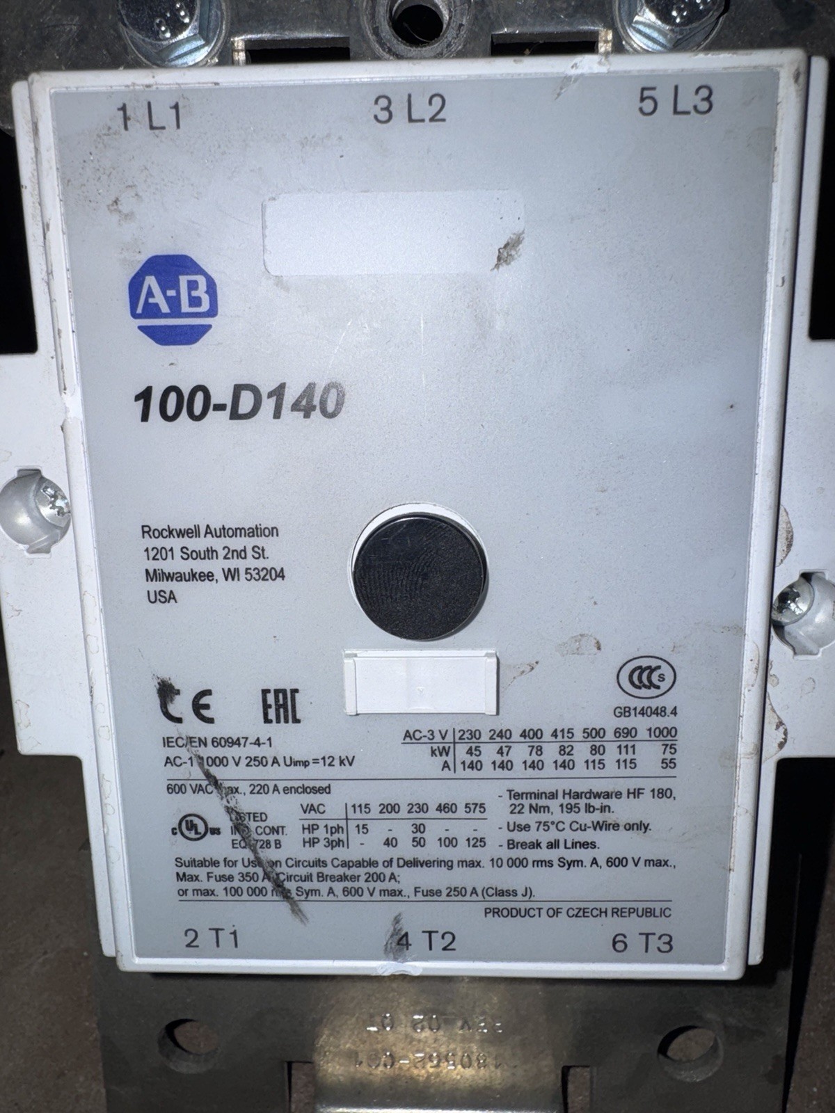 Allen Bradley 100-D140 AC Contactor AC 120v Coil 60hz