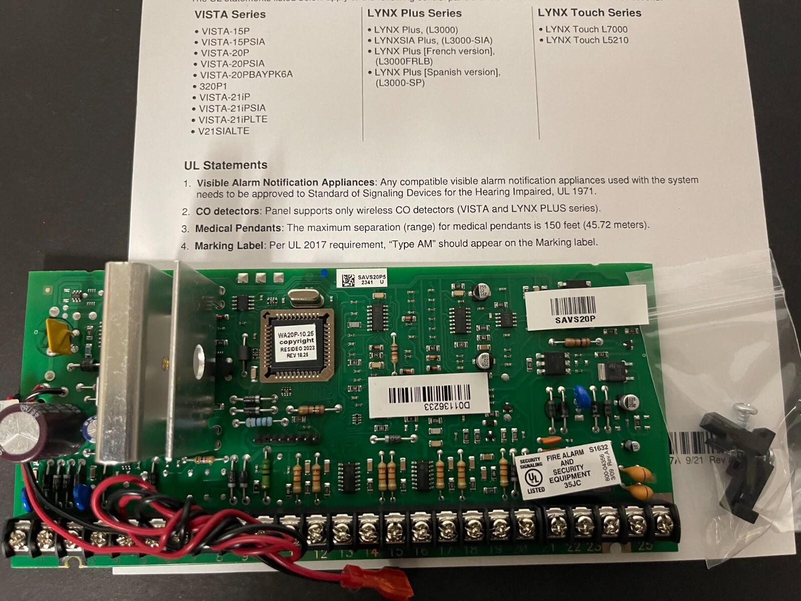 Brand New Honeywell Vista 20P V20PPCB PC Board Only, Rev: 10.25, Clip, Screw