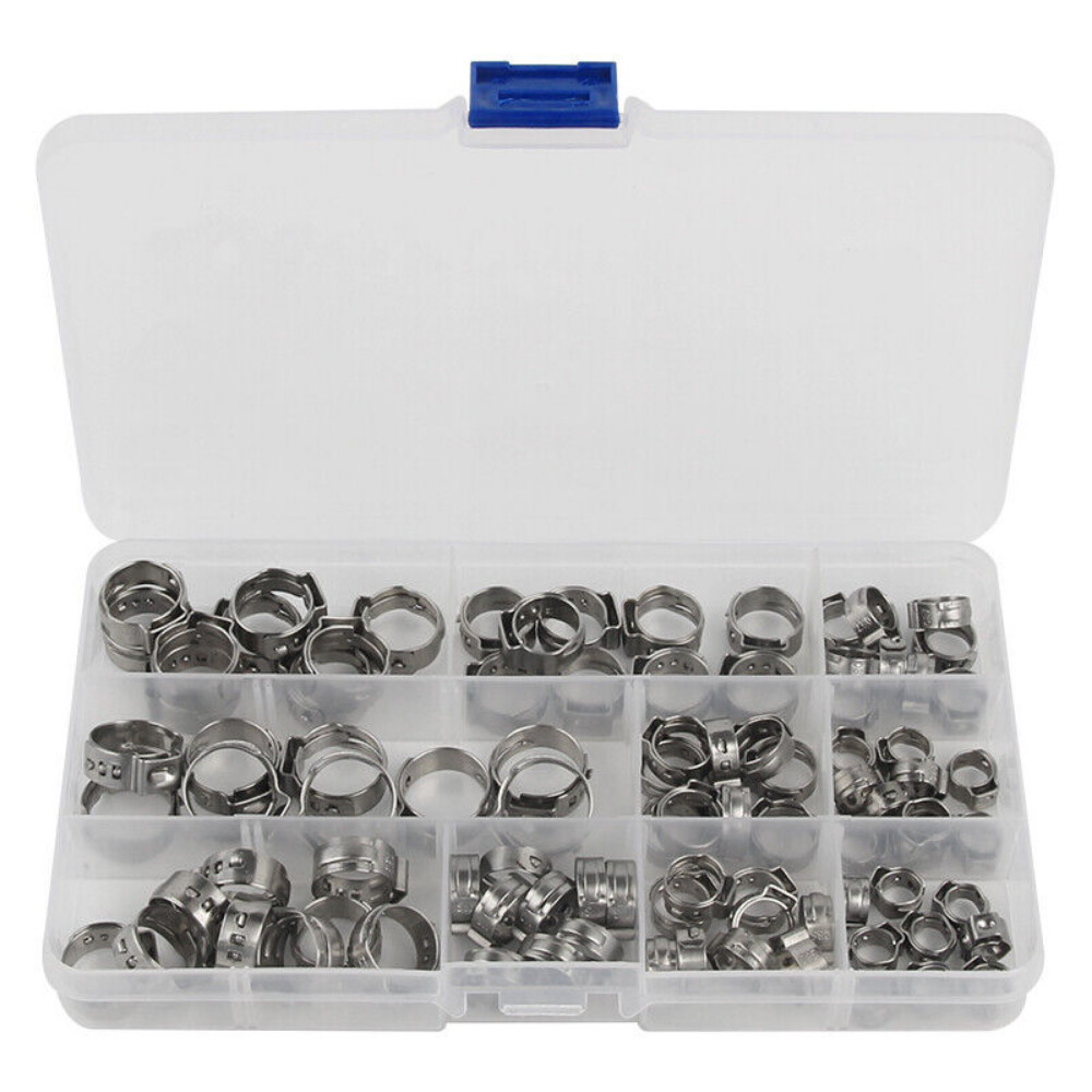 130PCS Single Ear Stepless Hose Clamps 304 Stainless Steel Ear Hose Clamps Plier