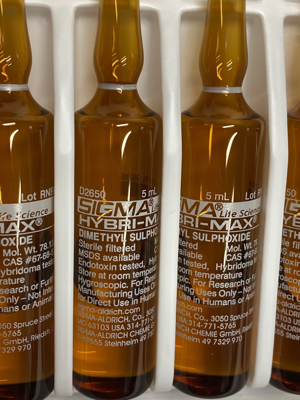 (5/Pk) MILLIPORE Hybri-Max 5mL Dimethyl Sulfoxide DMSO Ampules 0.2um D2653-5X5ML