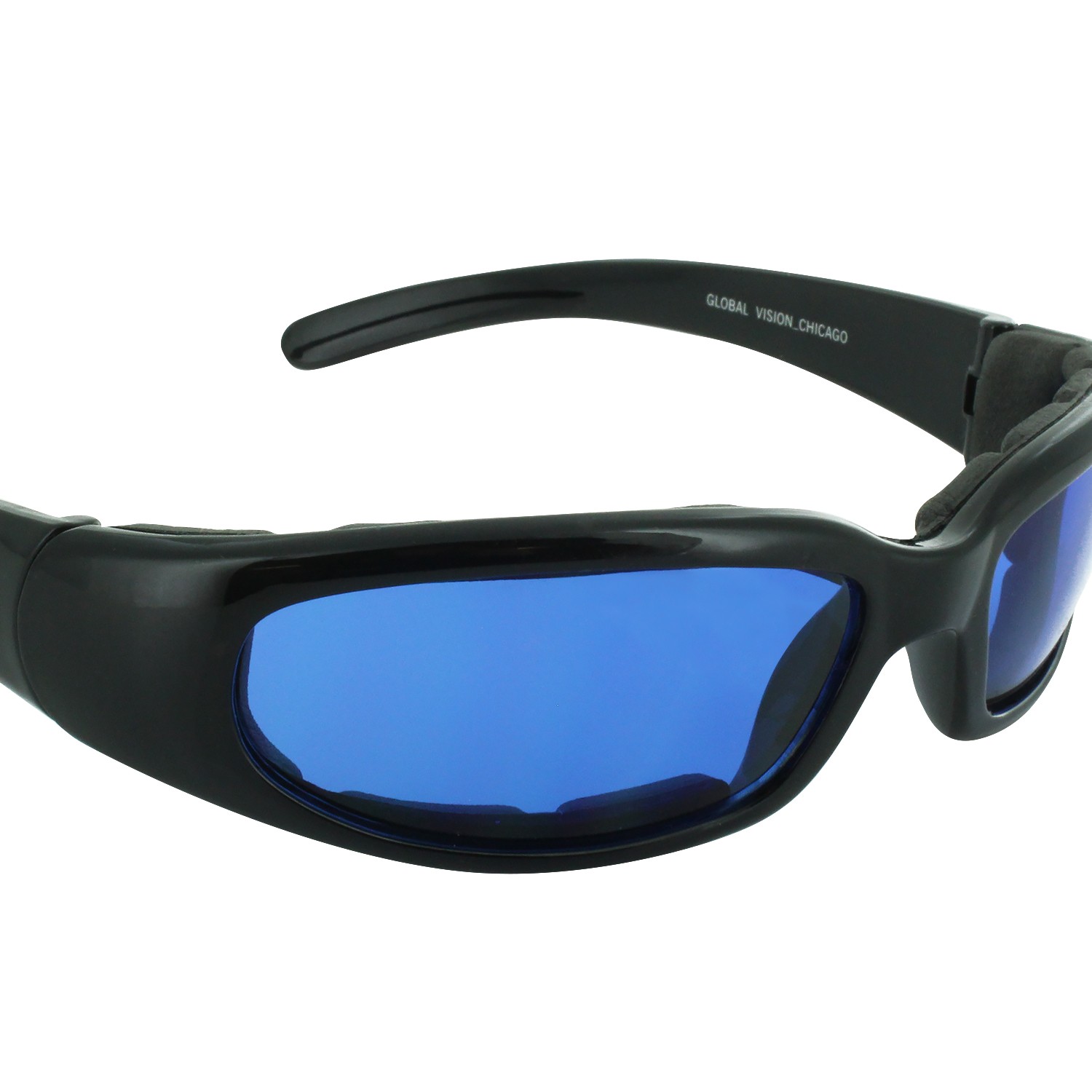 Global Vision Chicago Padded Motorcycle Glasses Black w Blue Lens EAR LOCK Pouch