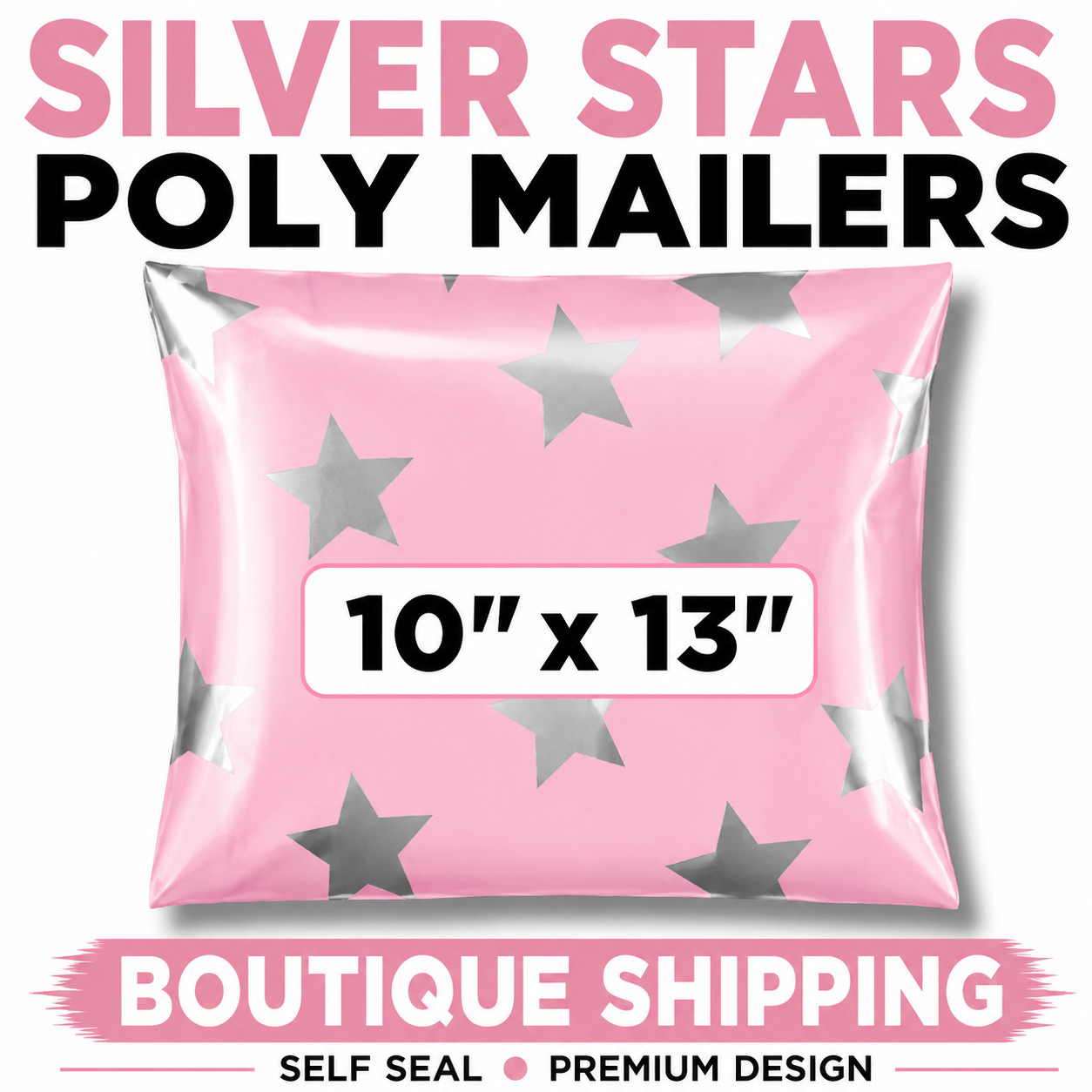 Silver Stars Pink Poly Mailers 10×13 Designer Shipping Bags Cute