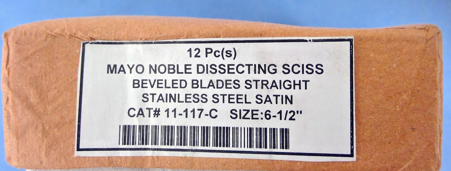 Lot of TWELVE Mayo Noble Dissecting Scissors, Beveled, Straight, Satin, 6.5″