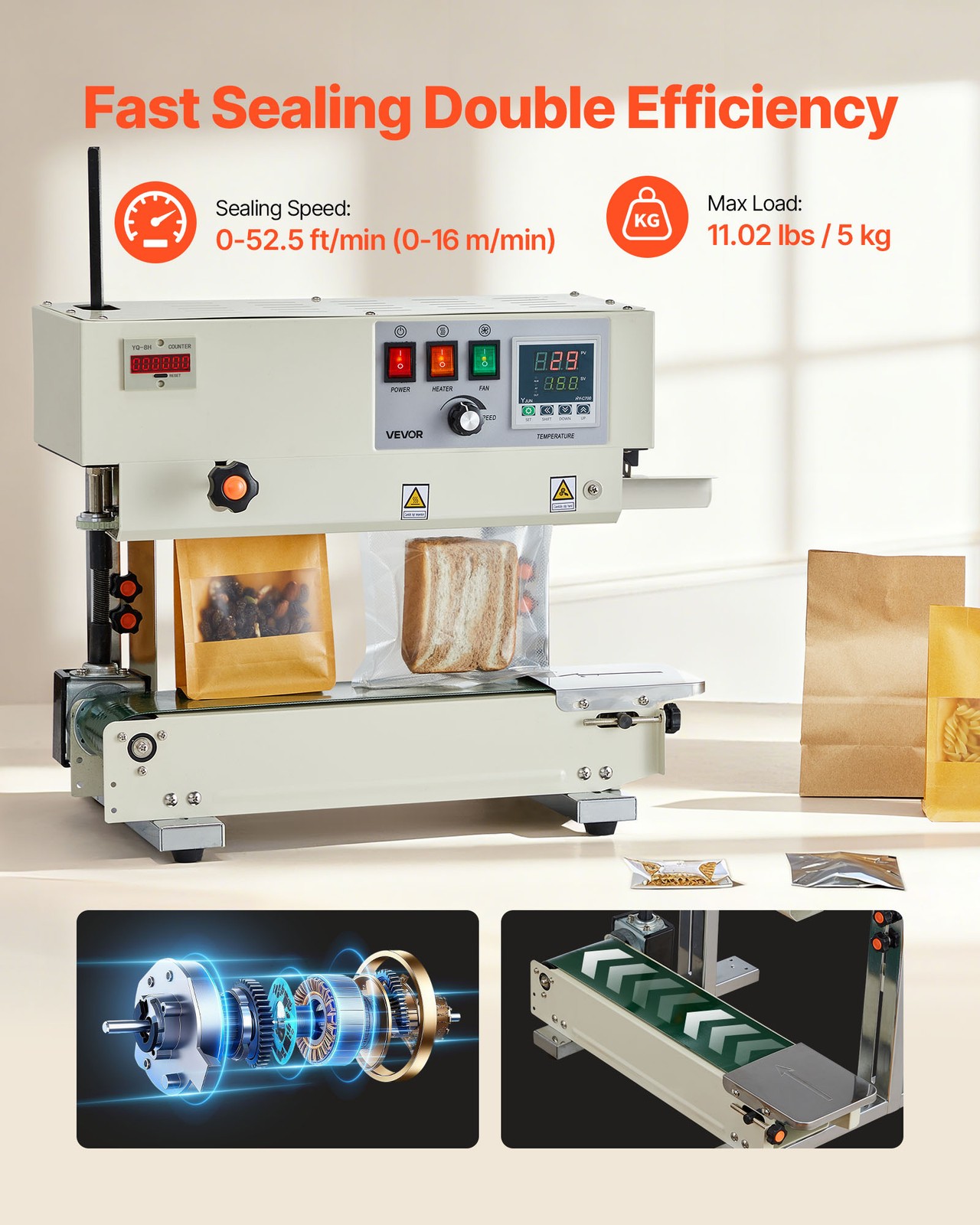 VEVOR Continuous Sealing Machine Vertical Band Sealer 0.24-0.47 in Seal Width