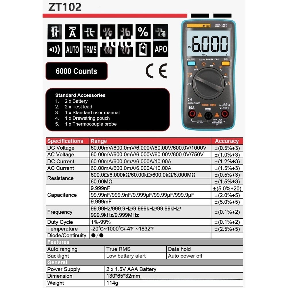 ZT102 Smart Multimeter Auto Range 6000 Counts Backlight Data Hold Function