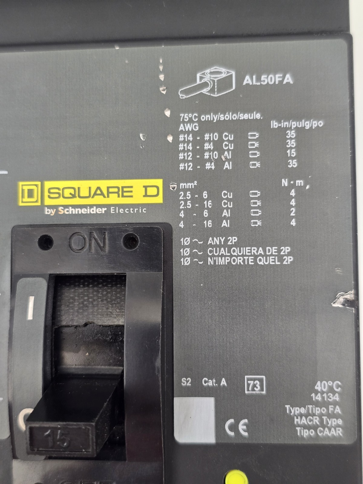 Square D FA36015 I-Line Circuit Breaker 15A 600VAC 3P Type FA 1PH NOS