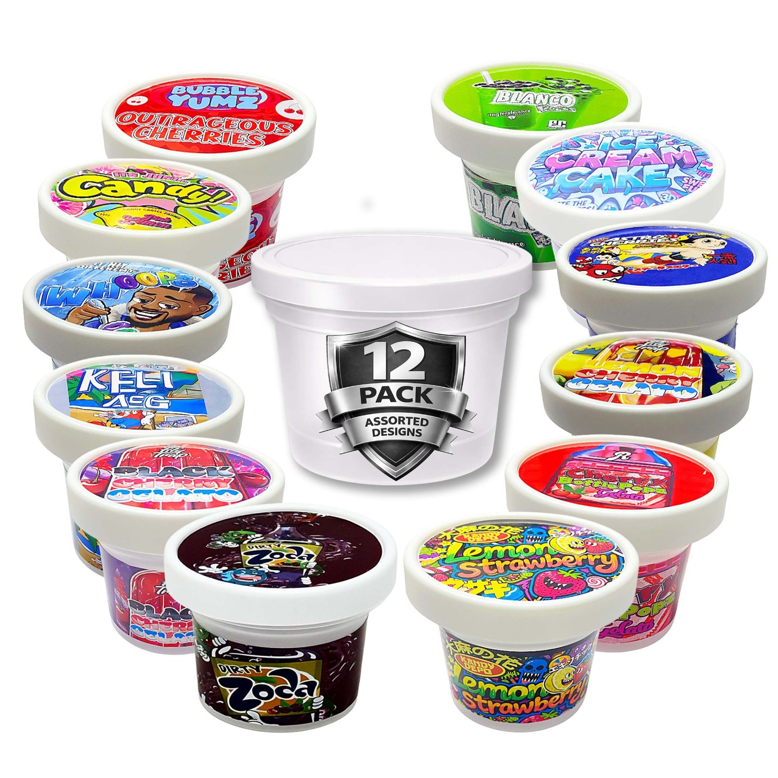 12 Pack 3.5g Pint Style Storage Containers with Lids Exotic Assorted Designs