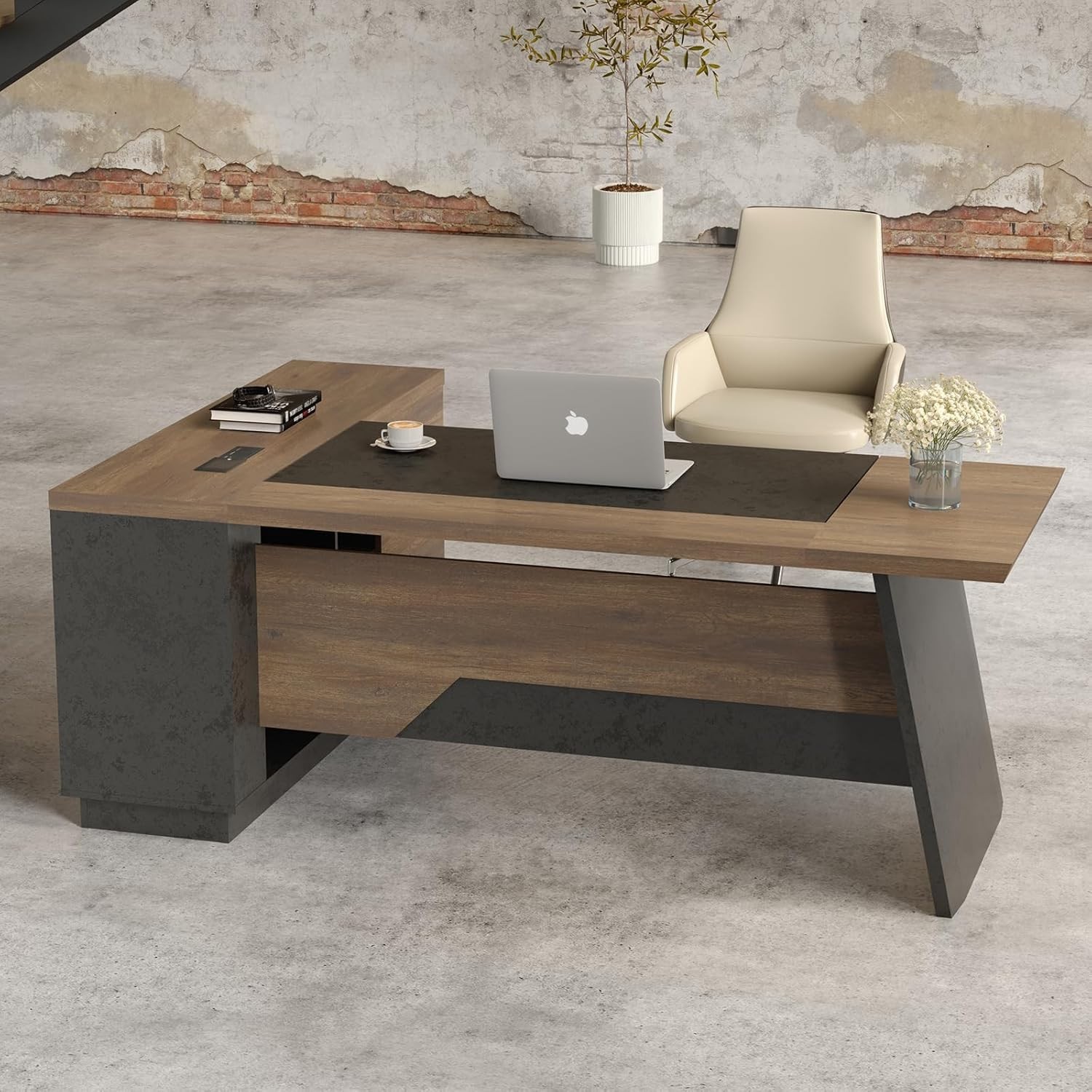 78.74in L-Shaped Large Computer Executive Office Desk w/Drawers & Storage Shelve