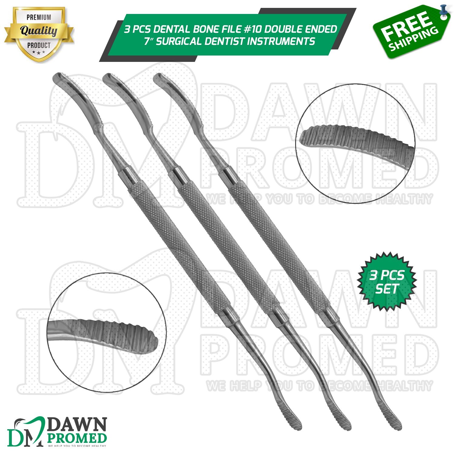 3 Pcs Dental Bone File #10 Double Ended 7″ Surgical Dentist Instruments German G