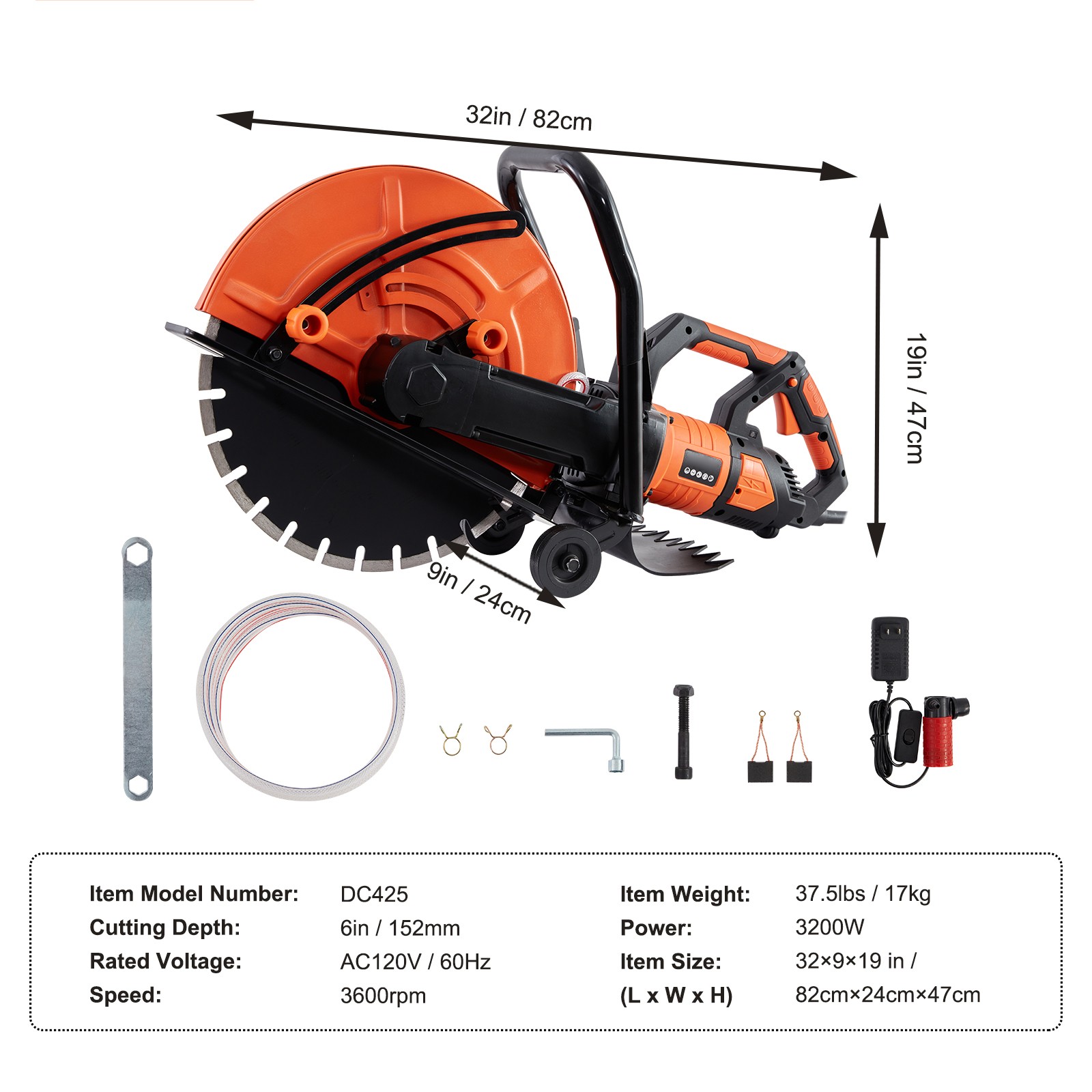 VEVOR 16” Electric Concrete Saw Wet/Dry Saw Cutter with Water Pump and Blade