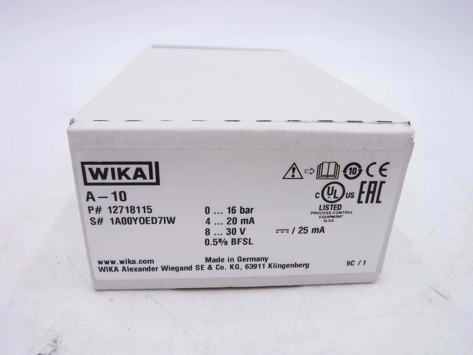 Wika Instruments 12718115 Pressure Sensor A-10, 16 Bar, 4-20 mA, 8-30V, 0.5BFSL