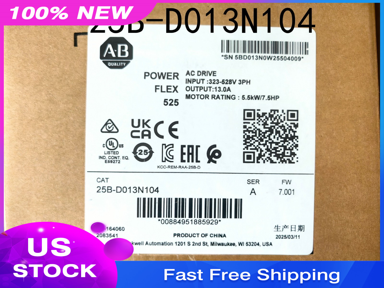 2025 New Allen-Bradley 25B-D013N104 PowerFlex 525 5.5kW 7.5Hp AC Drive
