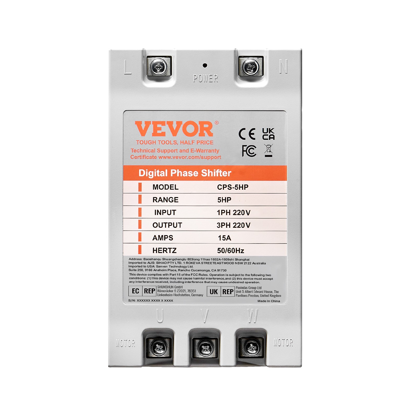 VEVOR 5HP Digital Phase Shifter 15A 220V Single Phase to 3 Phase Converter