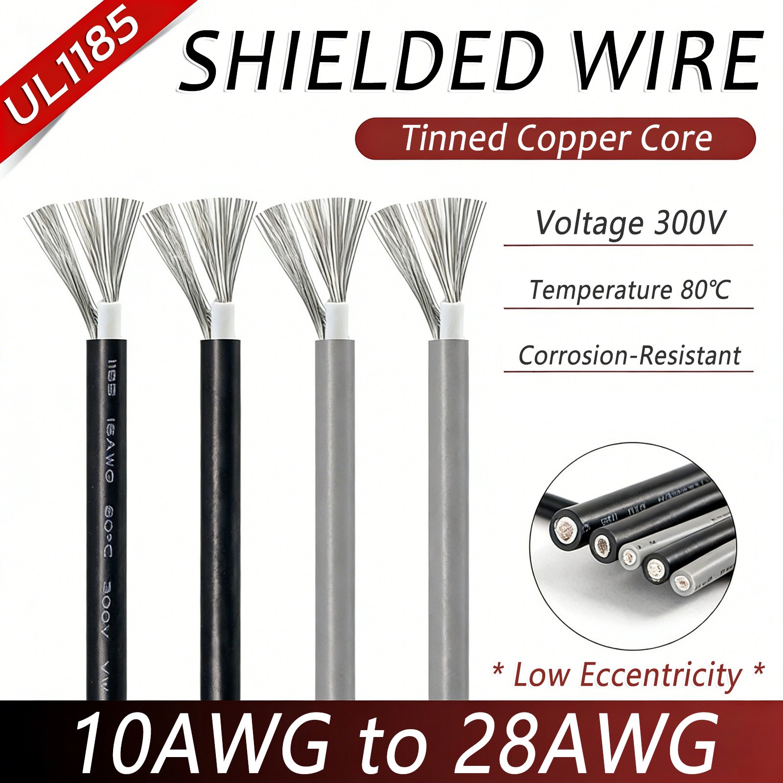 UL1185 Shielded Wire Single Core Audio Signal Wire 28/26/24/22/20/18/16/14/10AWG