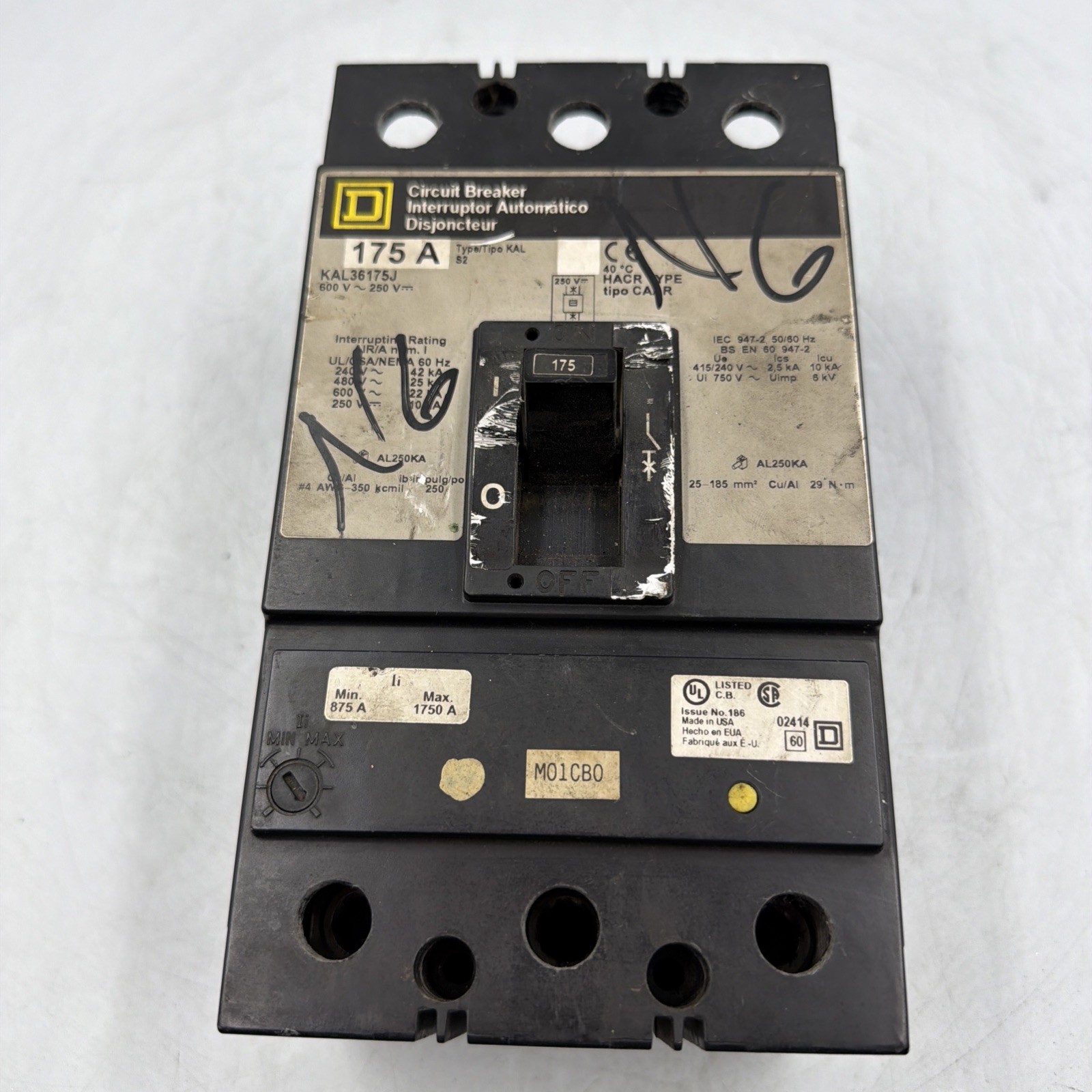 Square D KAL36175, 3p 175a 600v-ac 250VDC tested good 2yr warranty