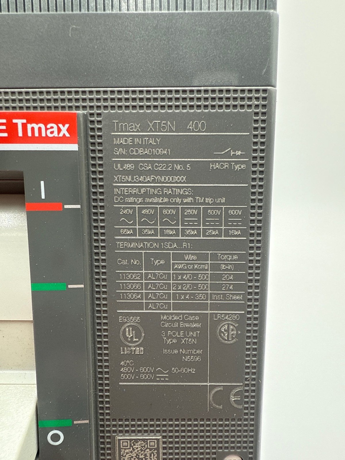 ABB XT5NU340AFYN000XXX ReliaGear Circuit Breaker 400A 3P 600V XT5N 400 400 Amp