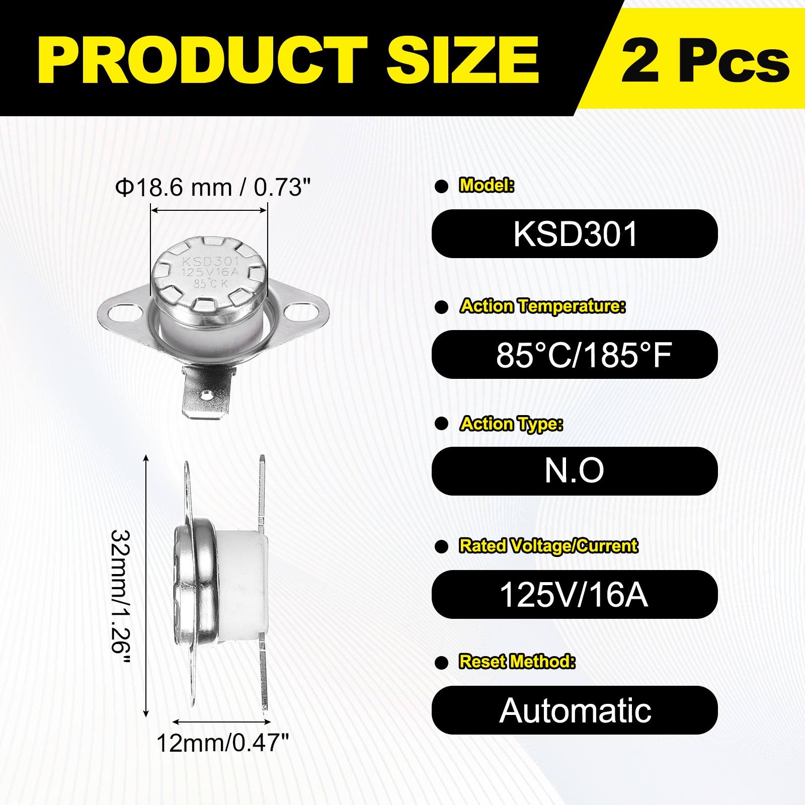 2Pcs KSD301 Thermostat 85°C/185°F 16A Normally Open N.O Switch, Ceramic