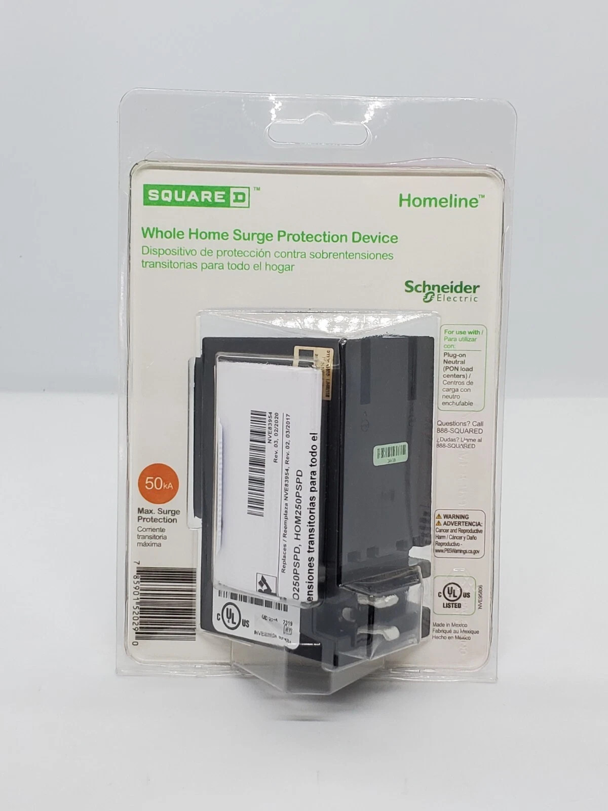 SQD – HOM250PSPD 50kA Rated Whole Home Surge Protector. No Wiring Required