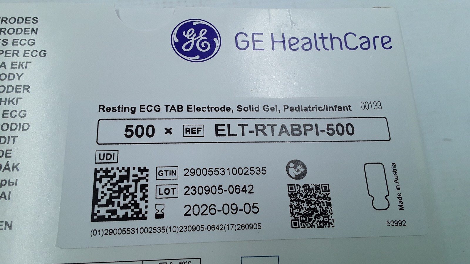 GE Resting ECG Tab Electrode Solid Gel Ped/Infant 500 ELT-RTABPI-500 EXP 2026-09