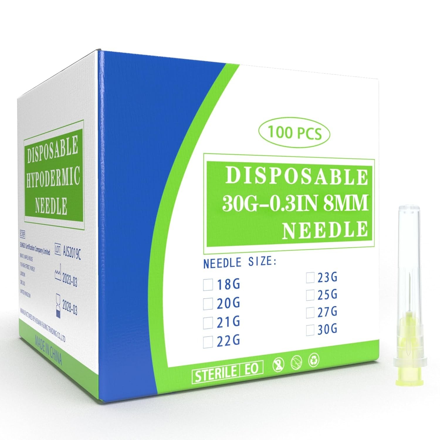 100 Pack 30 Ga 5/16 inch Disposable Needles with Caps for Scientific and Indu…