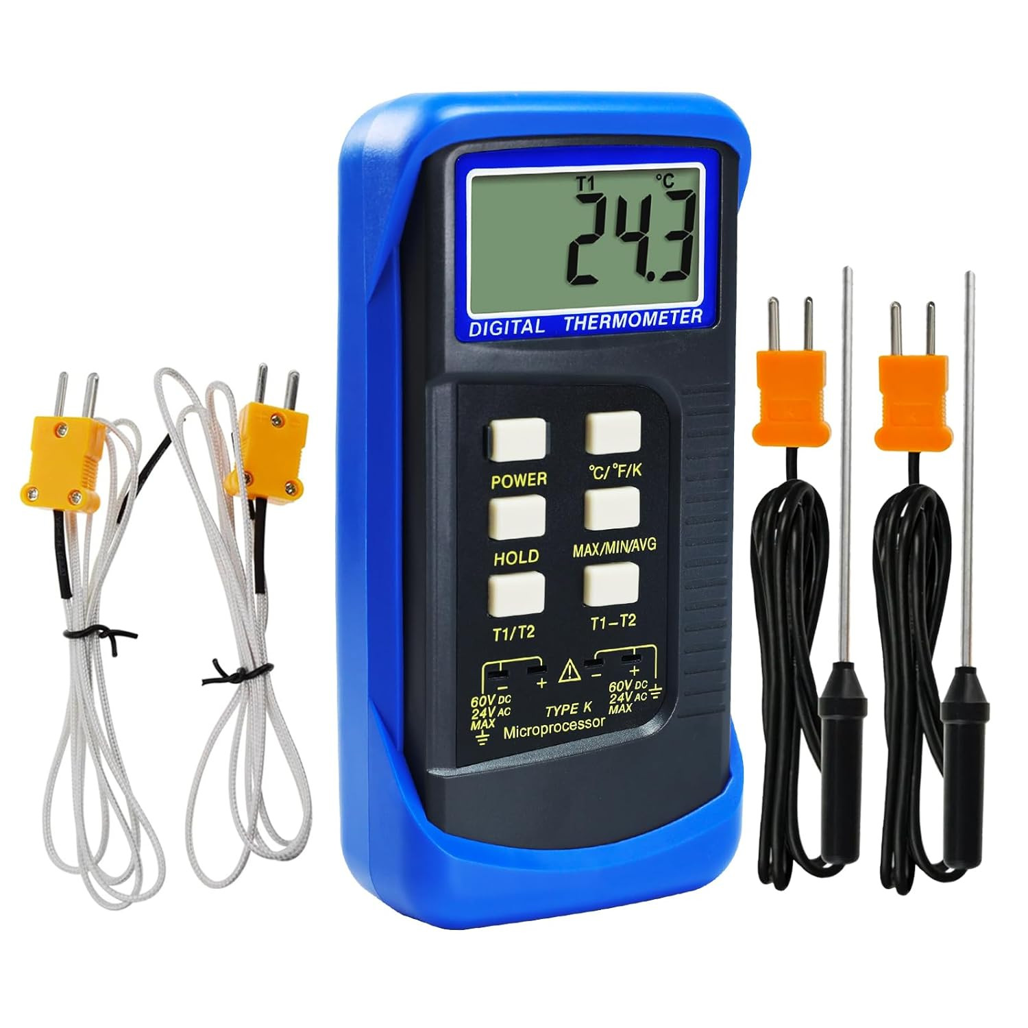 Digital K Type HVAC Thermometer with 4 Thermocouples, MAX/MIN/AVG Temperature Me