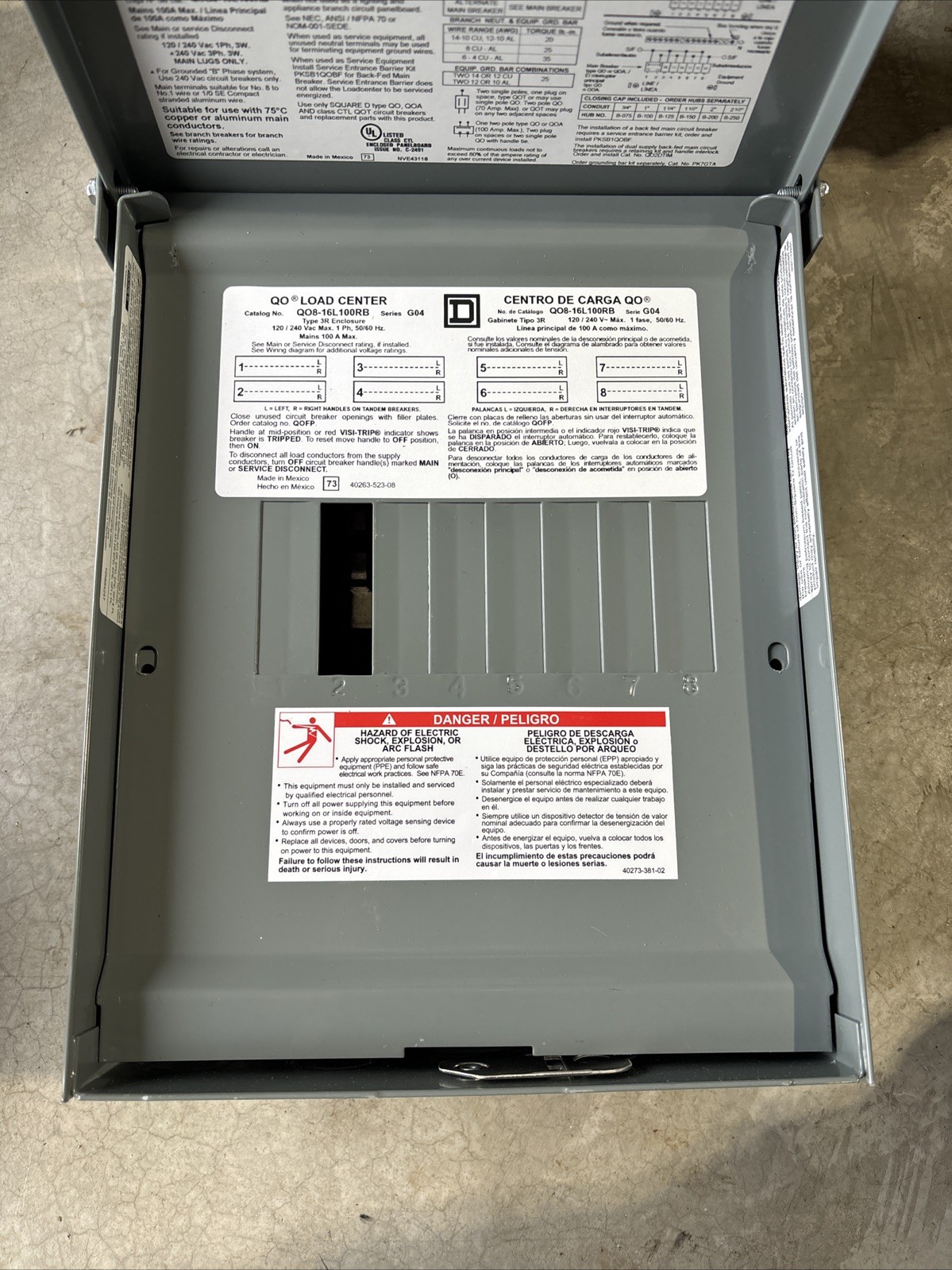 QO816L100RB SQUARE D LOAD CENTER QO SERIES 1 PHASE 8 SPACES 16 CIRCUITS MAIN NEW