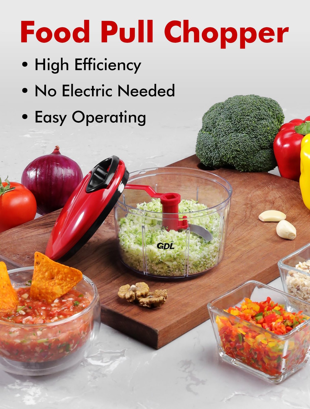 GDL Food Chopper, Pull Onion Chopper Dicer, Hand Powered 3.4 cup, Red
