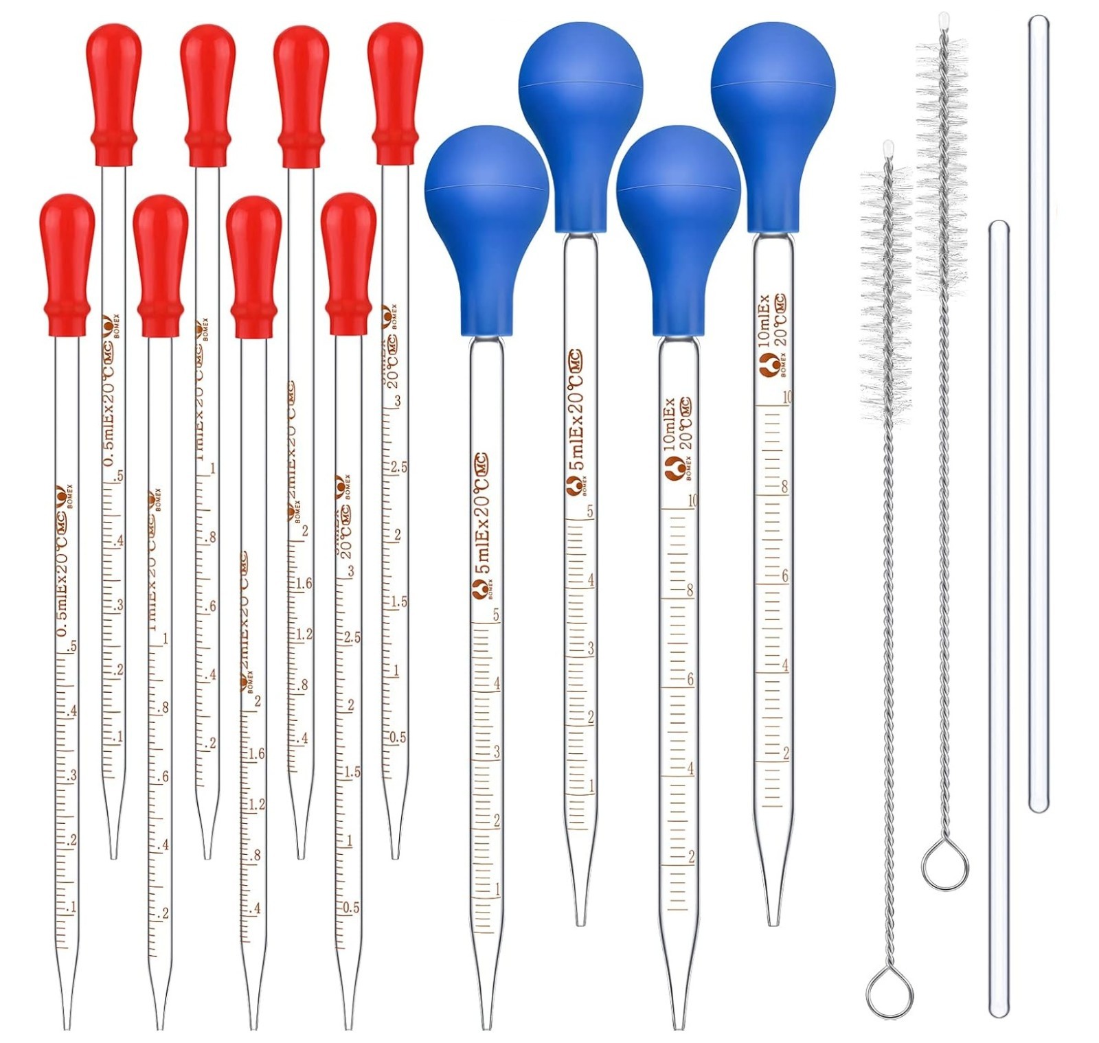 16 Pcs Glass Graduated Dropper 2 Pcs 0.5 ml to 10 ml +2Pcs 8″ Rod+Cleaning Brush