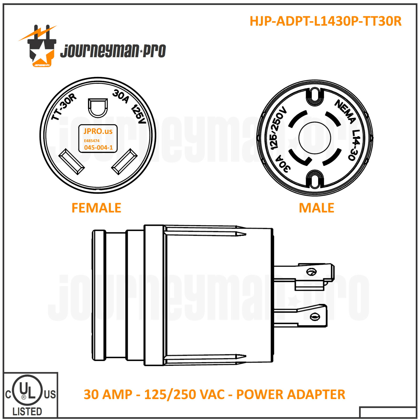 Generator RV Power Cord Adapter L14-30P (Male Plug) to TT-30R (Female Connector)