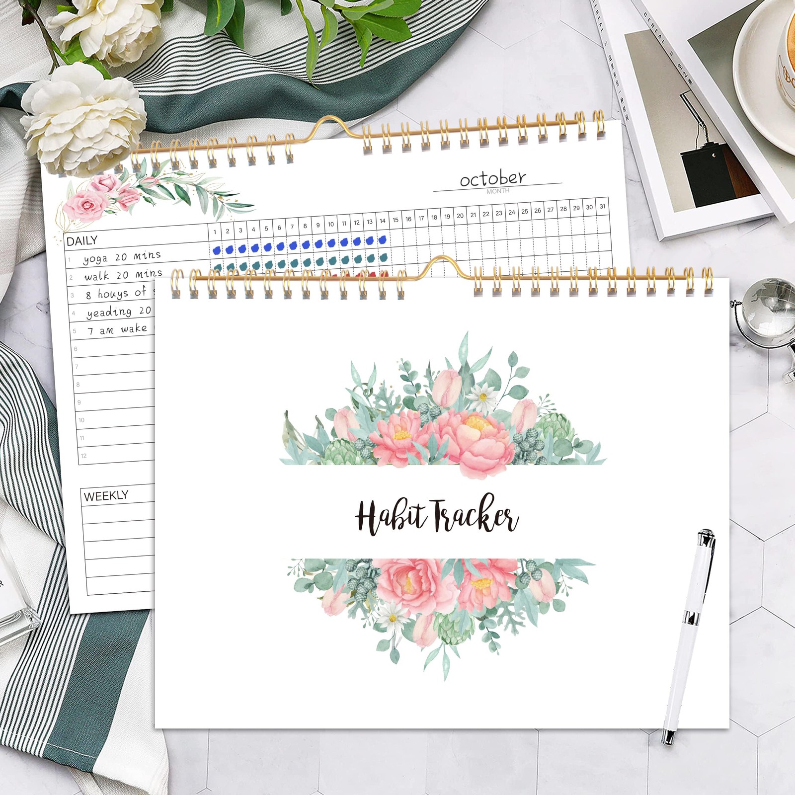 Habit Tracker Calendar- Daily, Weekly & 10 inches wide by 8 long, Red
