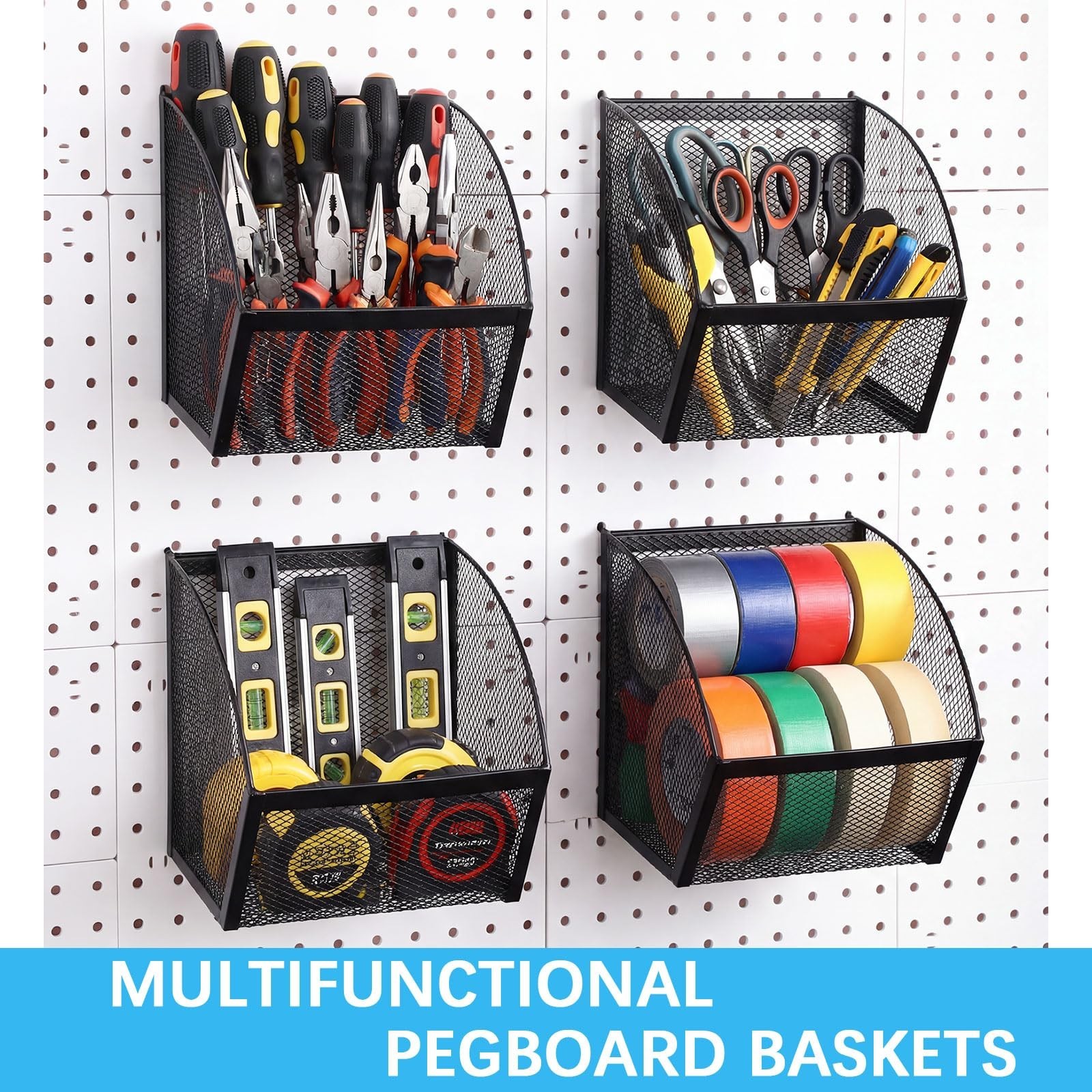 4 Pack Pegboard Baskets Metal Wire Storage Basket Hanging Wall Mount Bins Con…